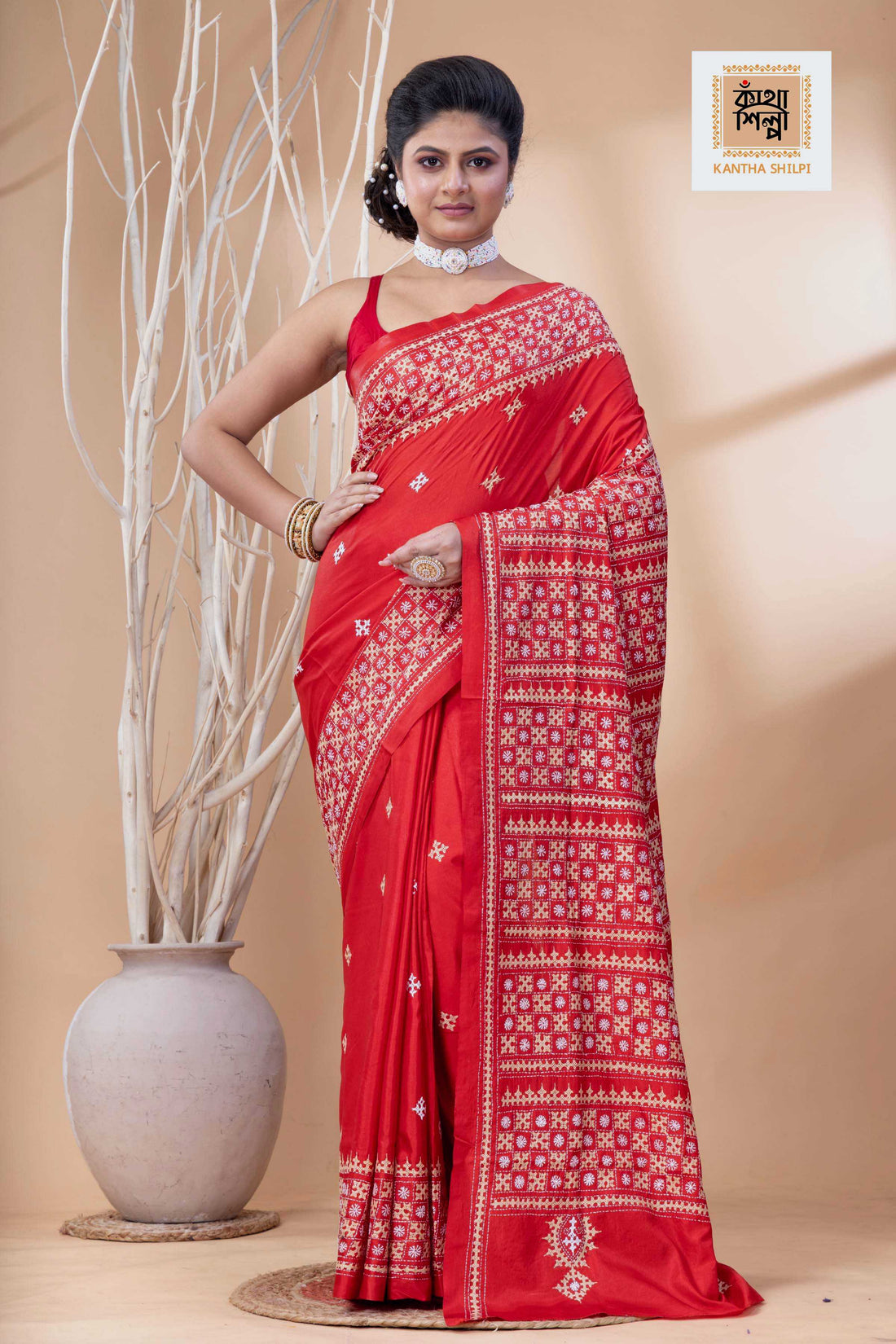 Red Bangalore Silk Beige-White Thread Work Gujrati Stitch Saree