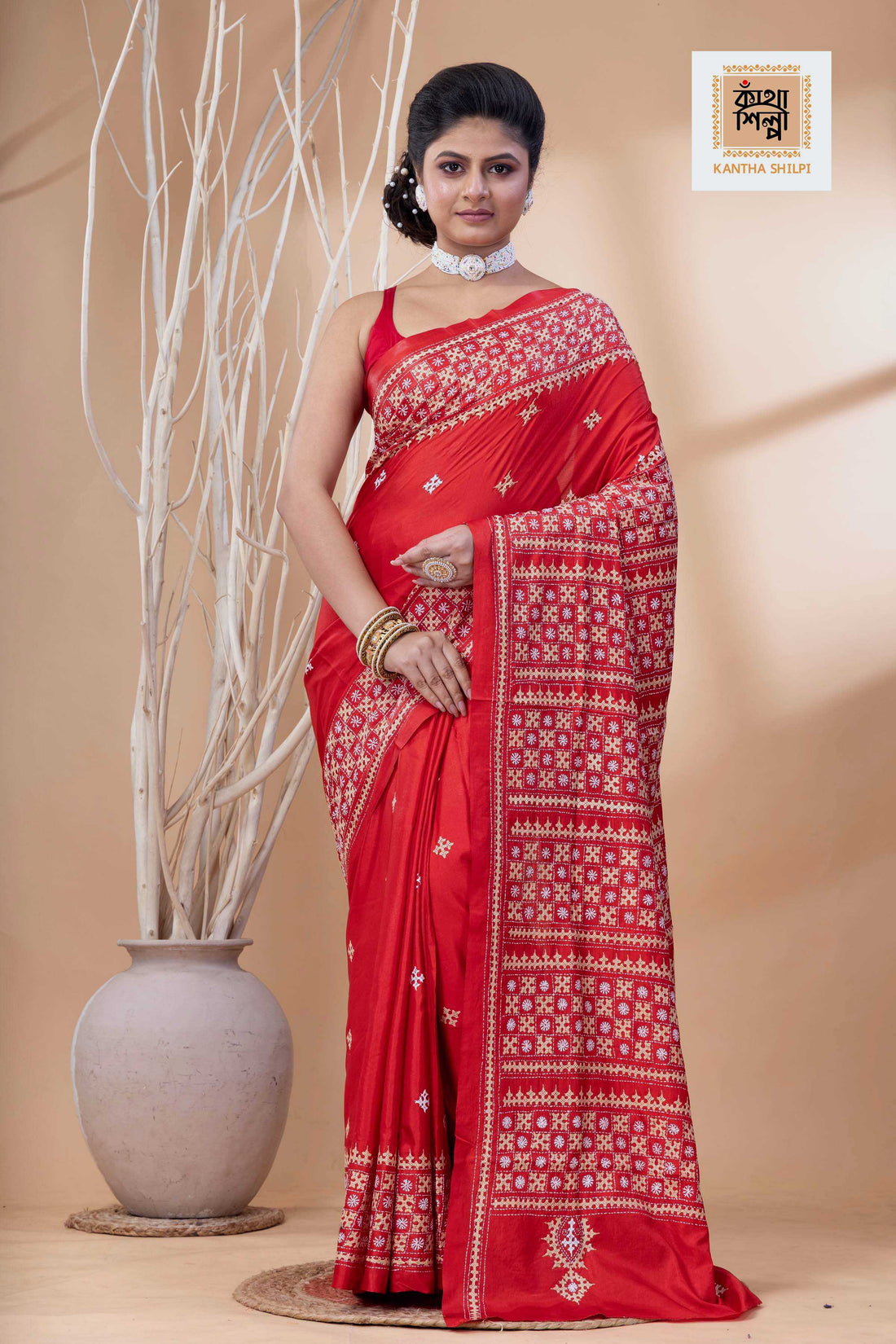 Red Bangalore Silk Beige-White Thread Work Gujrati Stitch Saree