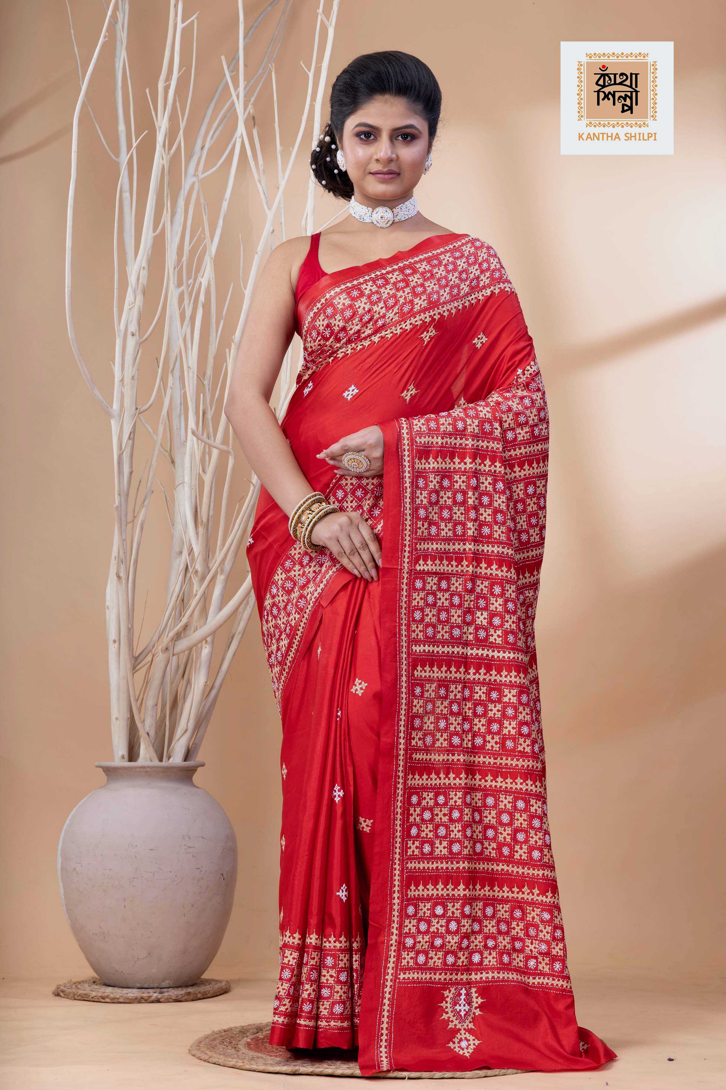 Red Bangalore Silk Beige-White Thread Work Gujrati Stitch Saree