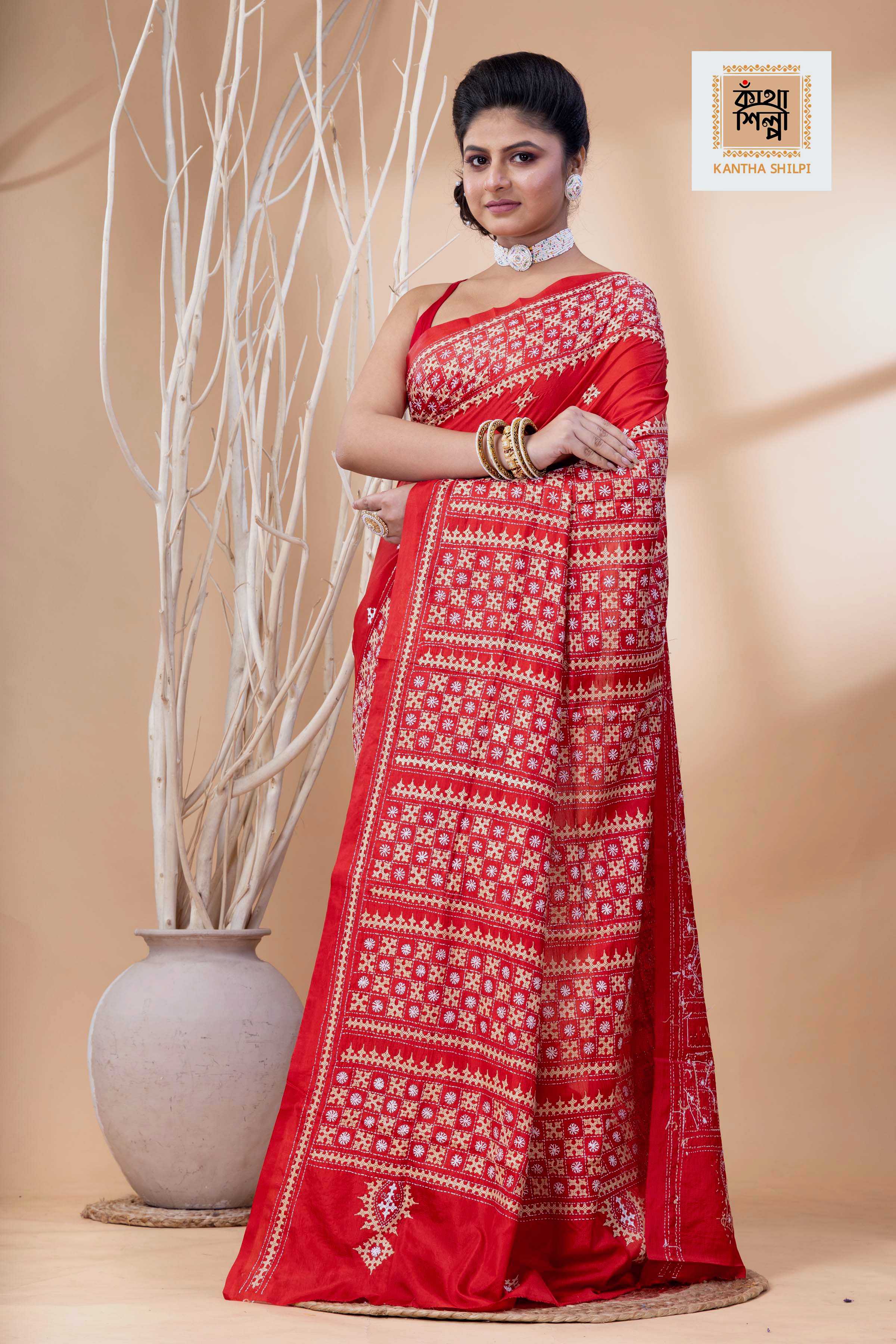 Red Bangalore Silk Beige-White Thread Work Gujrati Stitch Saree