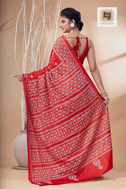 Red Bangalore Silk Beige-White Thread Work Gujrati Stitch Saree