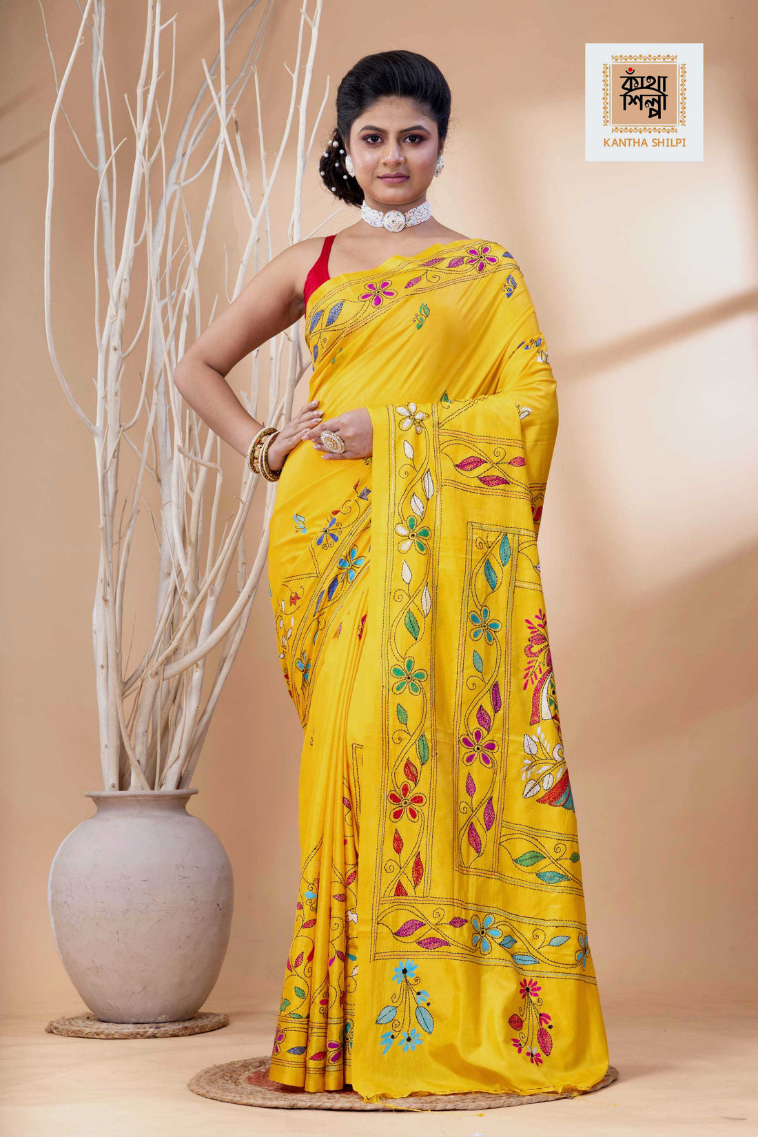 Yellow Color Bangalore Silk Multicolor Thread Work Kantha Stitch Saree