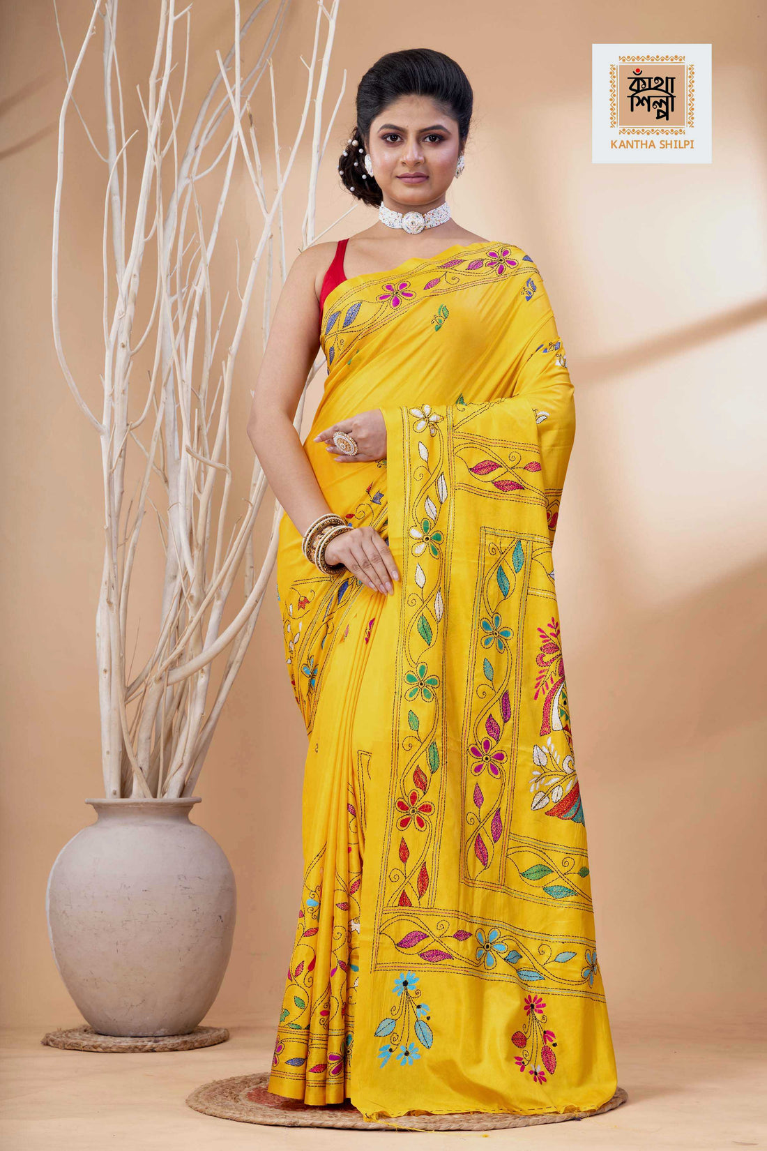 Yellow Color Bangalore Silk Multicolor Thread Work Kantha Stitch Saree