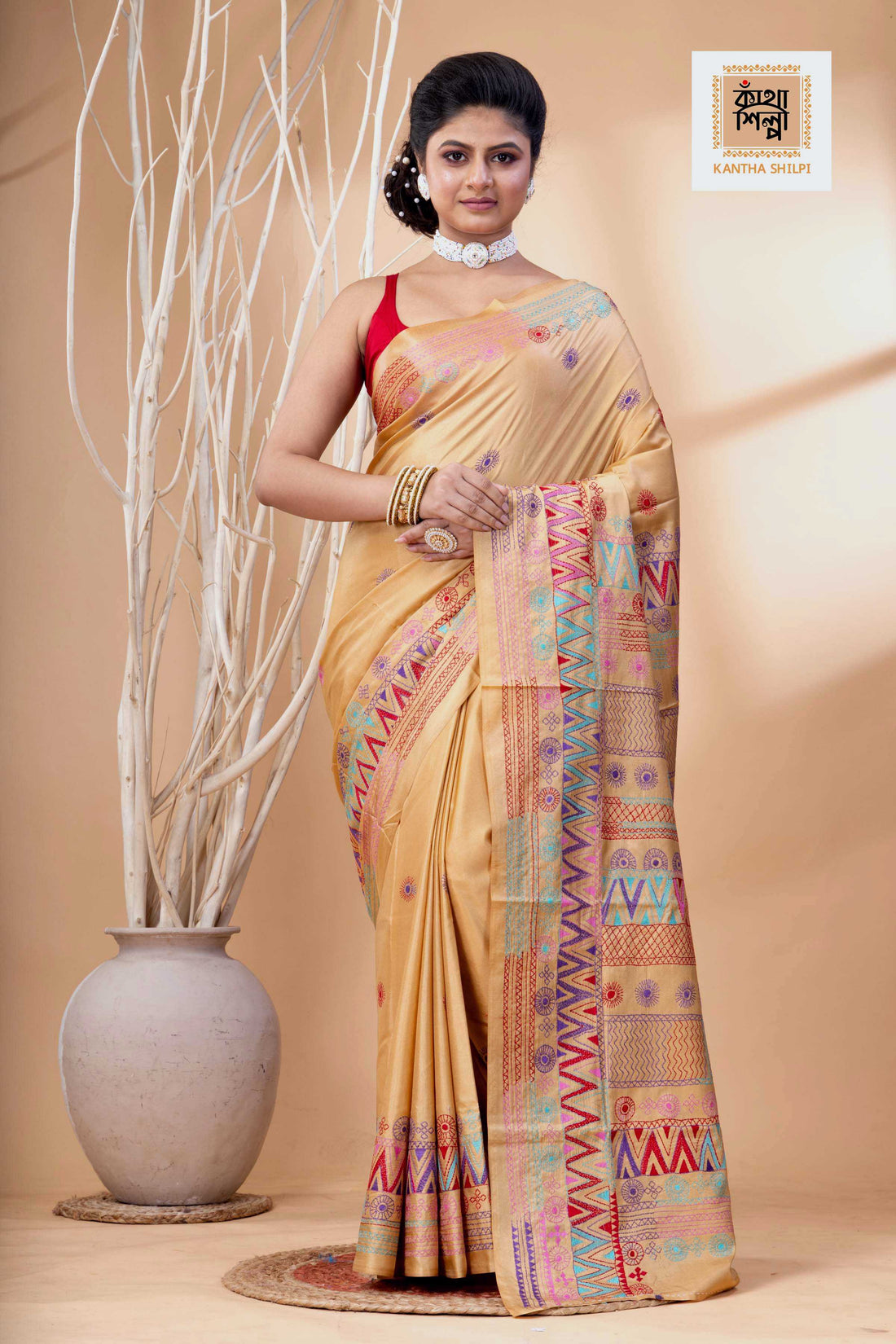 Beige Color Bangalore Silk Multicolor Thread Work Lambani Stitch Saree