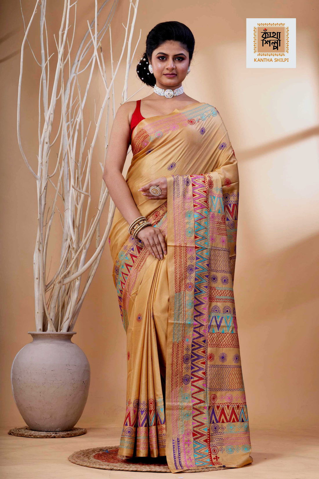 Beige Color Bangalore Silk Multicolor Thread Work Lambani Stitch Saree