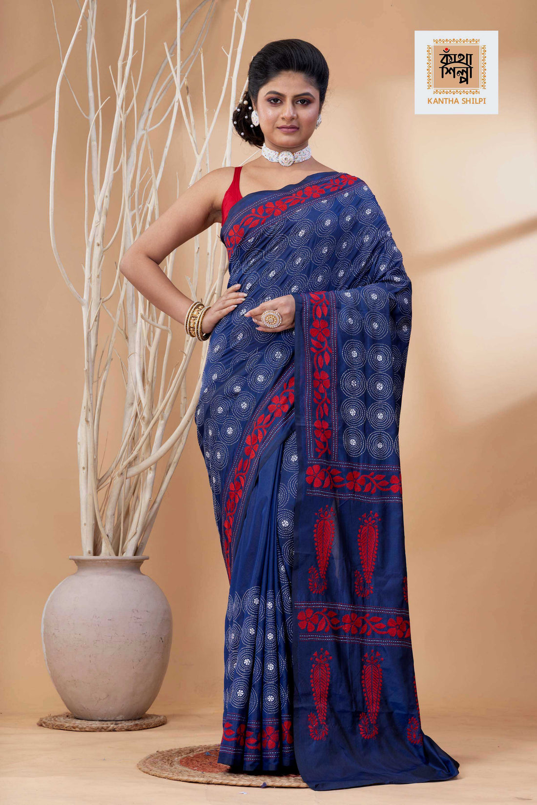 Blue Color Bangalore Silk Red White Color Thread Work Kantha Stitch Saree