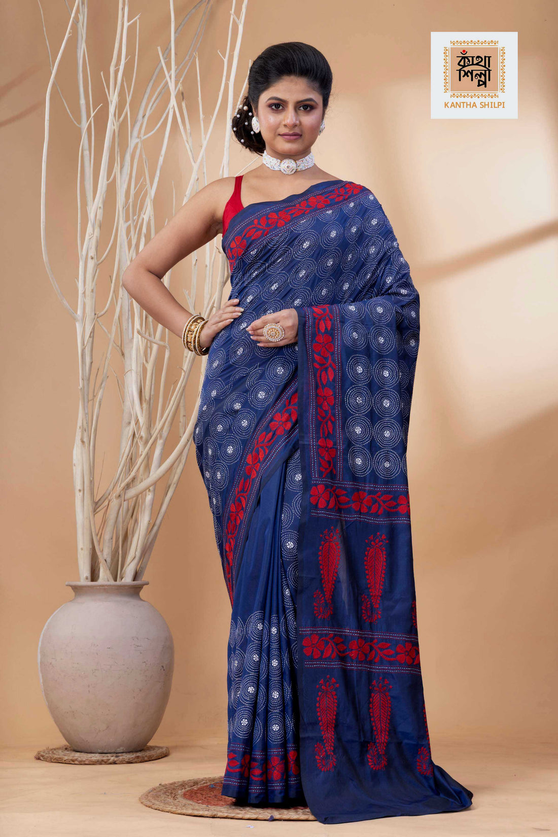 Blue Color Bangalore Silk Red White Color Thread Work Kantha Stitch Saree