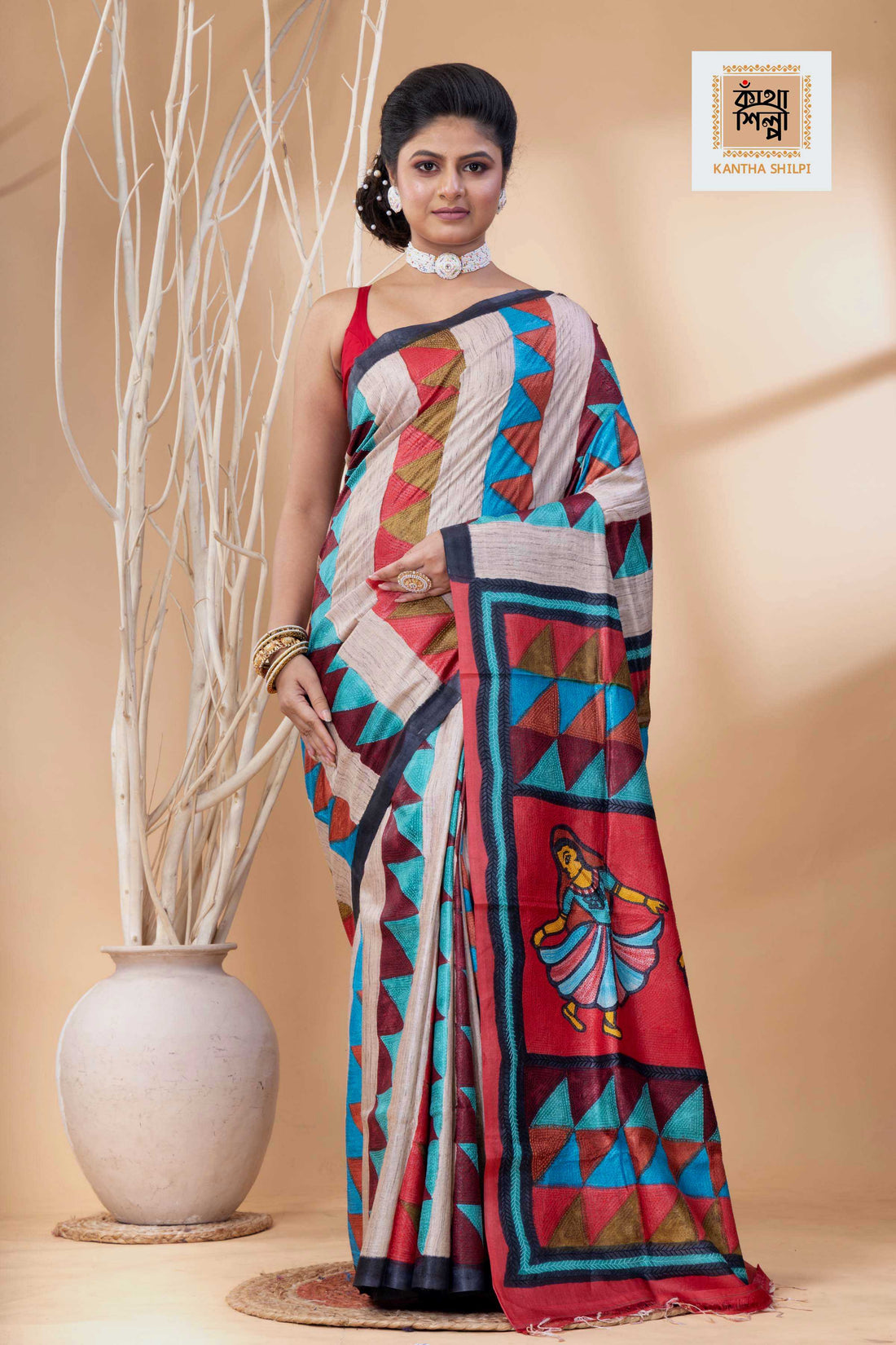 Pure Tussar Jamini Roy Style Hand Painting With Matching Multicolor Threadwork Kantha Stitch Saree