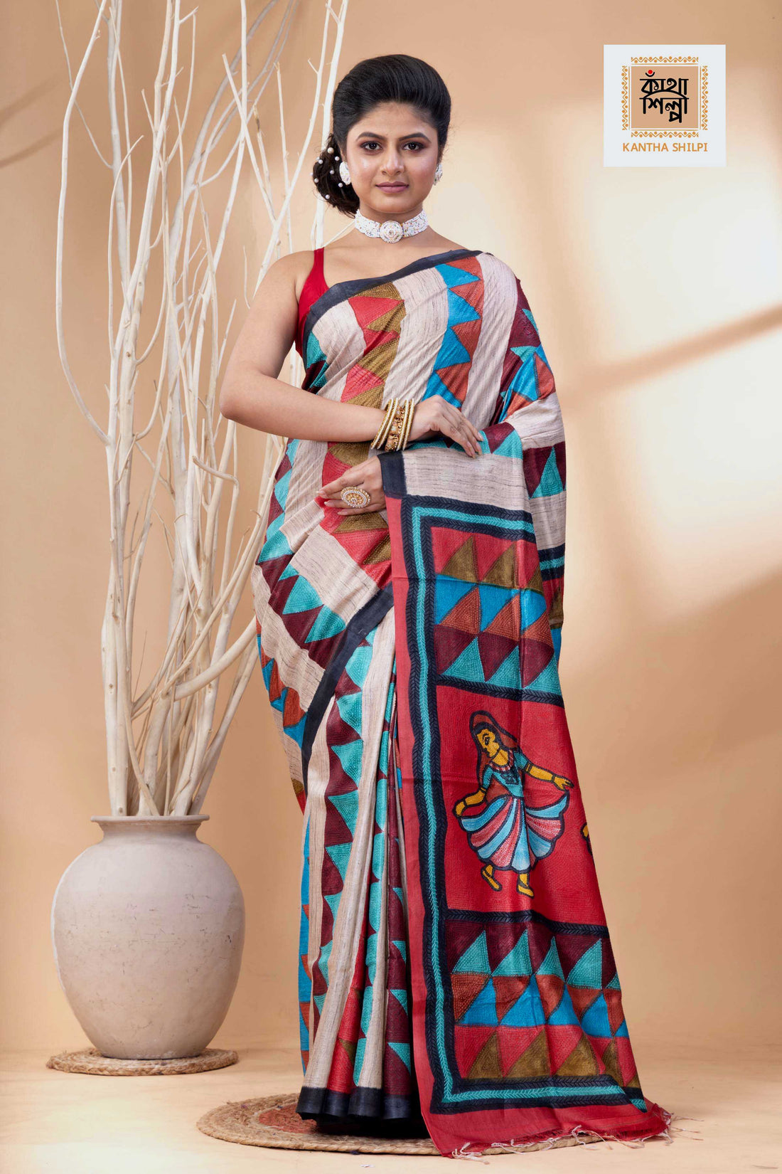 Pure Tussar Jamini Roy Style Hand Painting With Matching Multicolor Threadwork Kantha Stitch Saree
