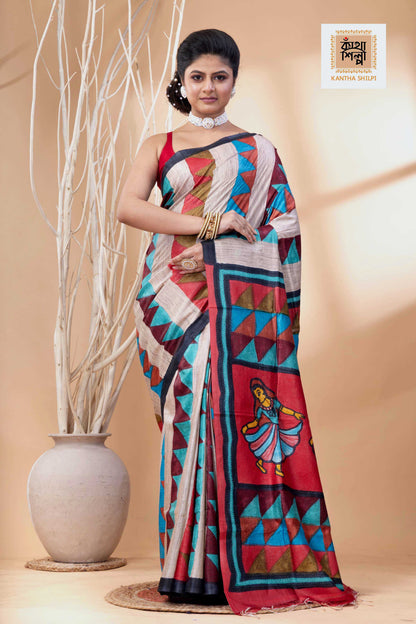 Pure Tussar Jamini Roy Style Hand Painting With Matching Multicolor Threadwork Kantha Stitch Saree