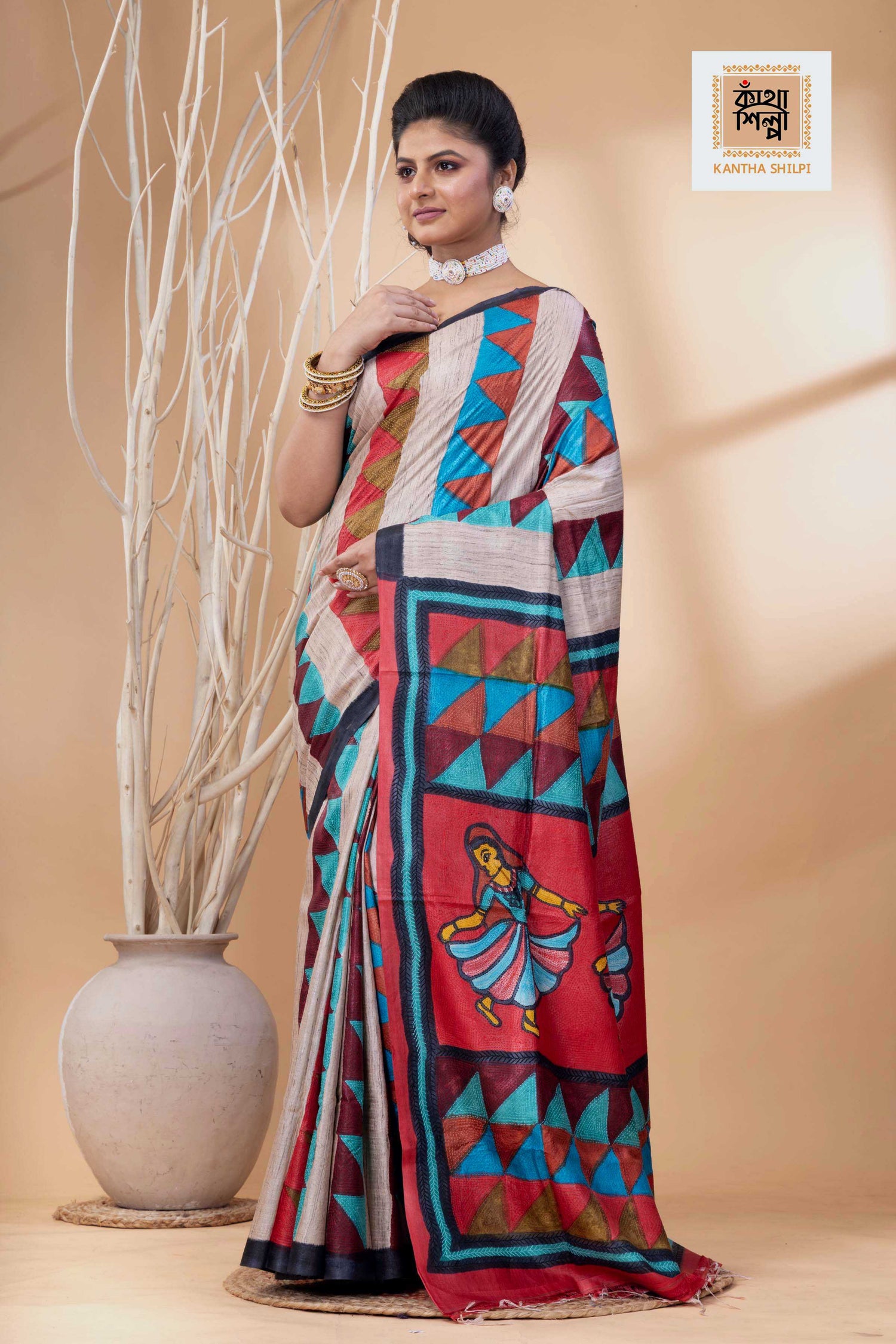 Pure Tussar Jamini Roy Style Hand Painting With Matching Multicolor Threadwork Kantha Stitch Saree