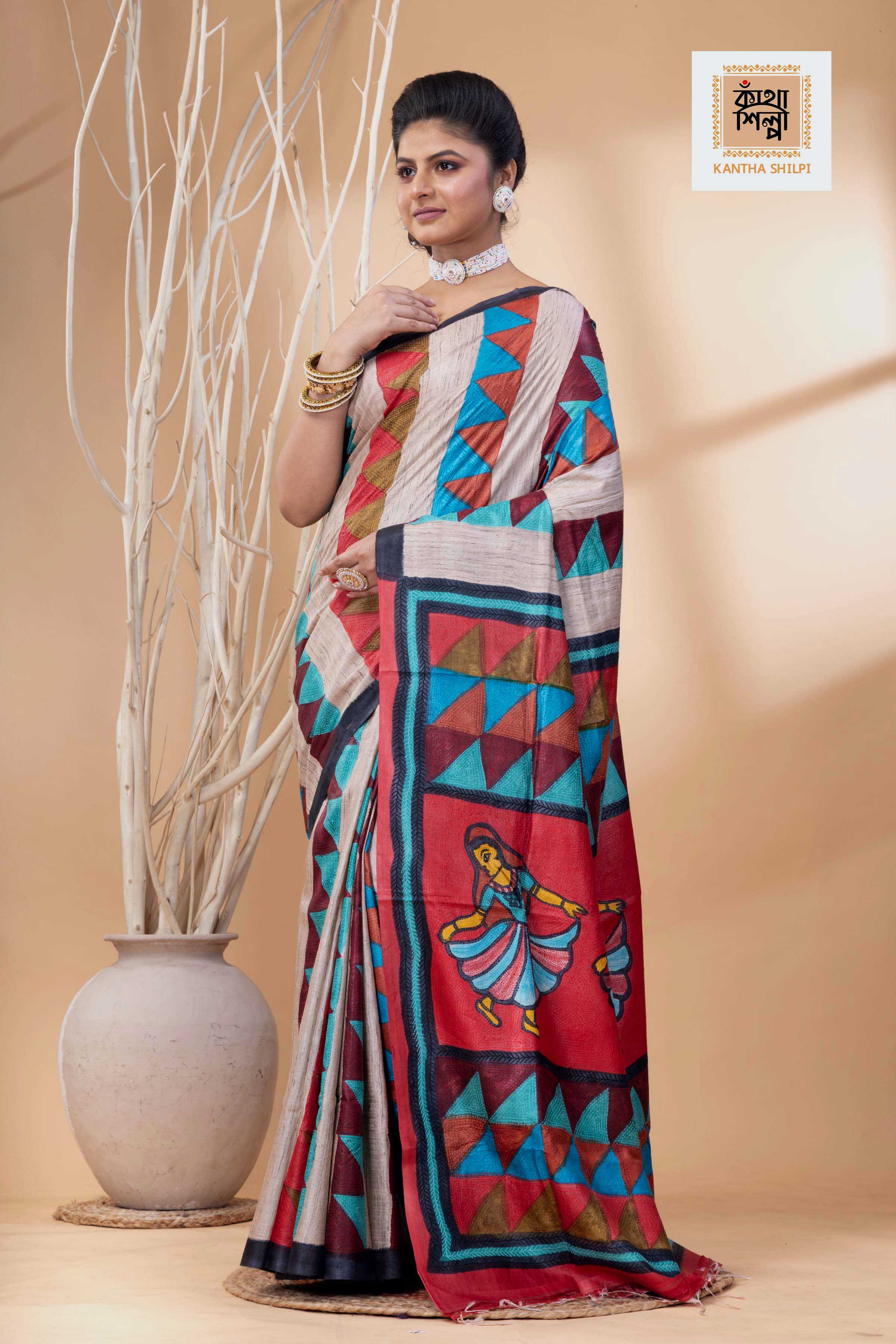 Pure Tussar Jamini Roy Style Hand Painting With Matching Multicolor Threadwork Kantha Stitch Saree