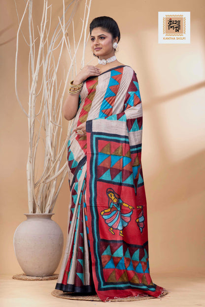 Pure Tussar Jamini Roy Style Hand Painting With Matching Multicolor Threadwork Kantha Stitch Saree