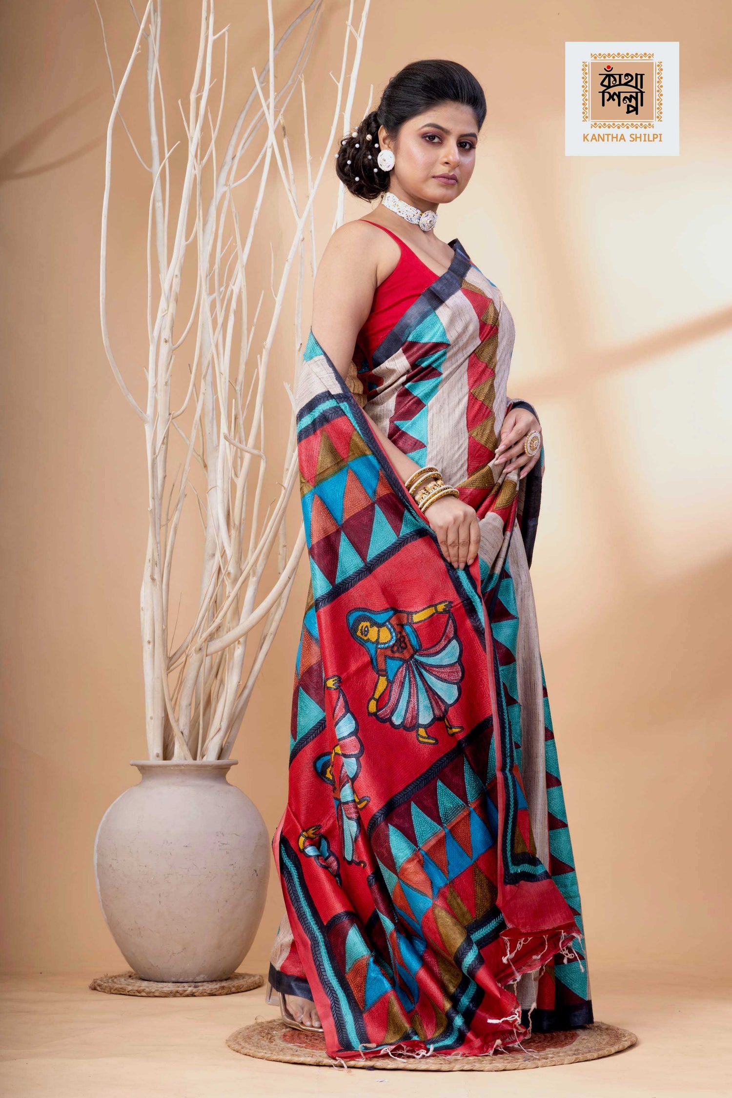 Pure Tussar Jamini Roy Style Hand Painting With Matching Multicolor Threadwork Kantha Stitch Saree