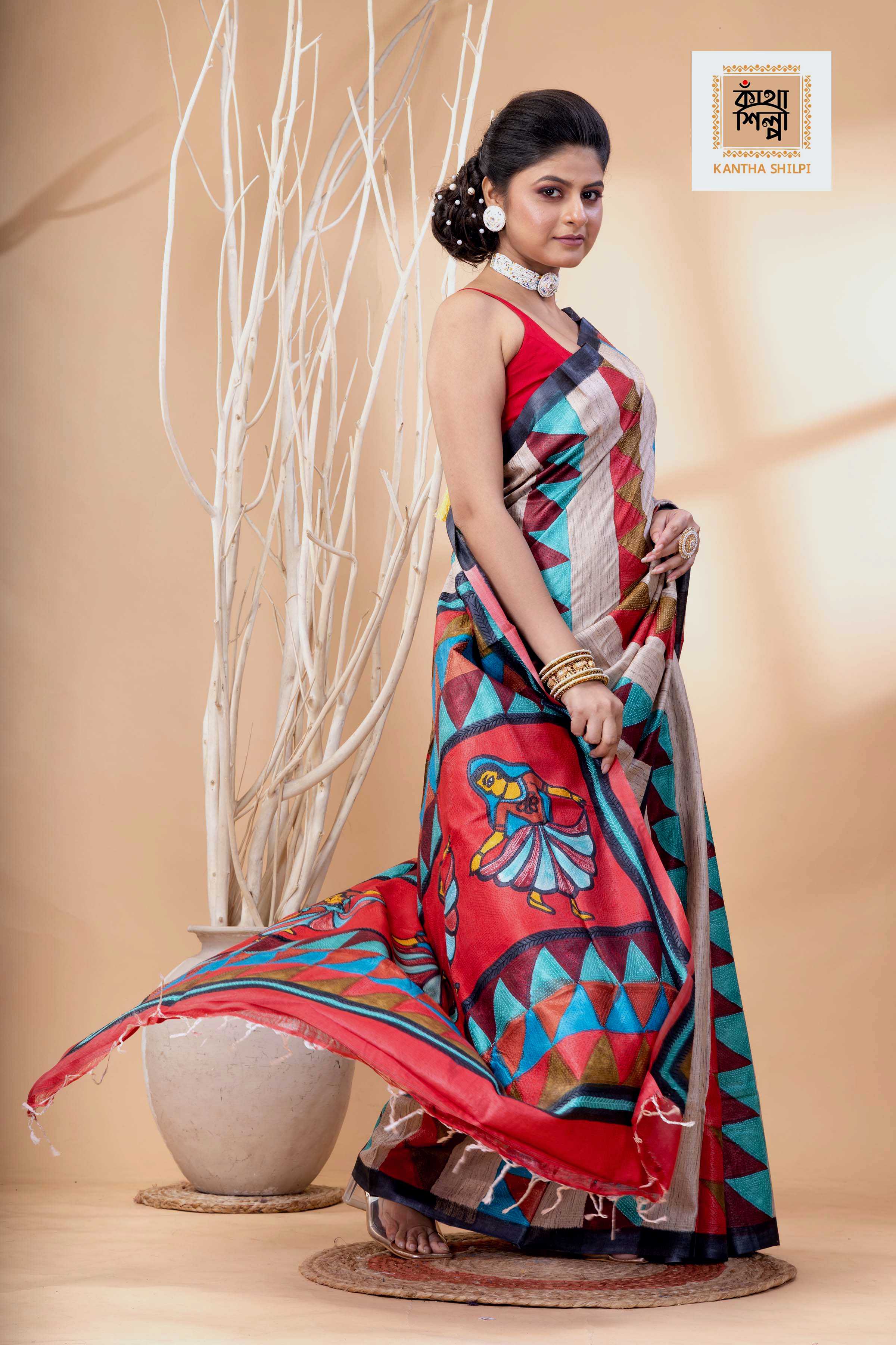 Pure Tussar Jamini Roy Style Hand Painting With Matching Multicolor Threadwork Kantha Stitch Saree