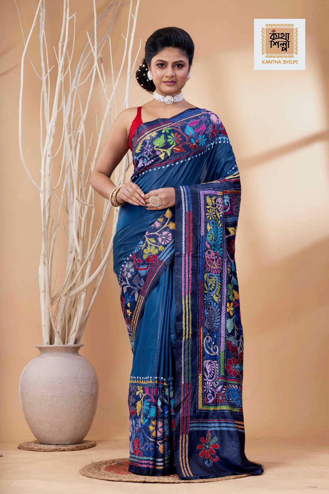 Light Navy Blue Color Bangalore Silk Multicolor Thread Work Kantha Stitch Saree