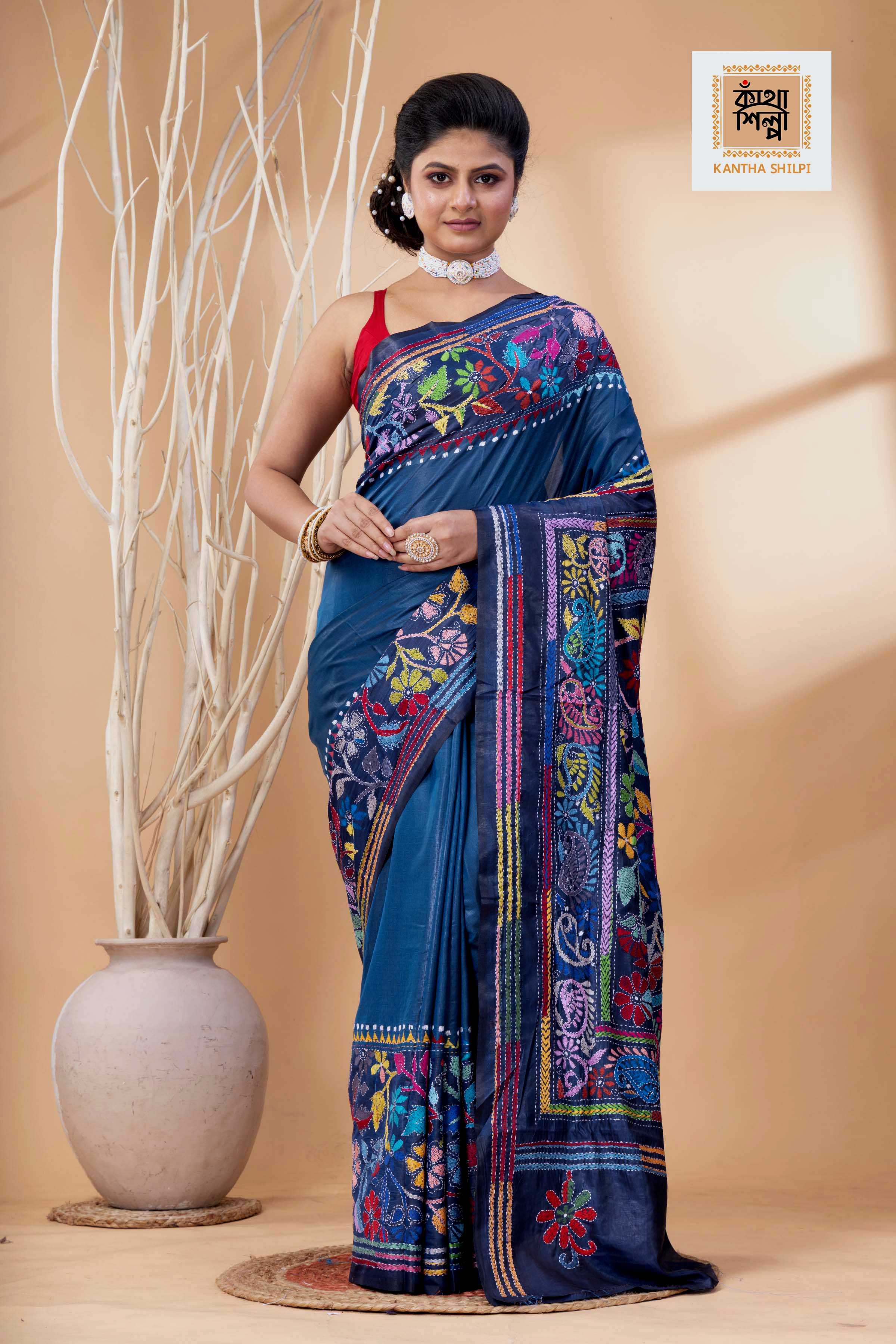Light Navy Blue Color Bangalore Silk Multicolor Thread Work Kantha Stitch Saree