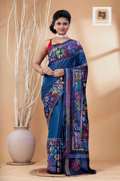 Light Navy Blue Color Bangalore Silk Multicolor Thread Work Kantha Stitch Saree