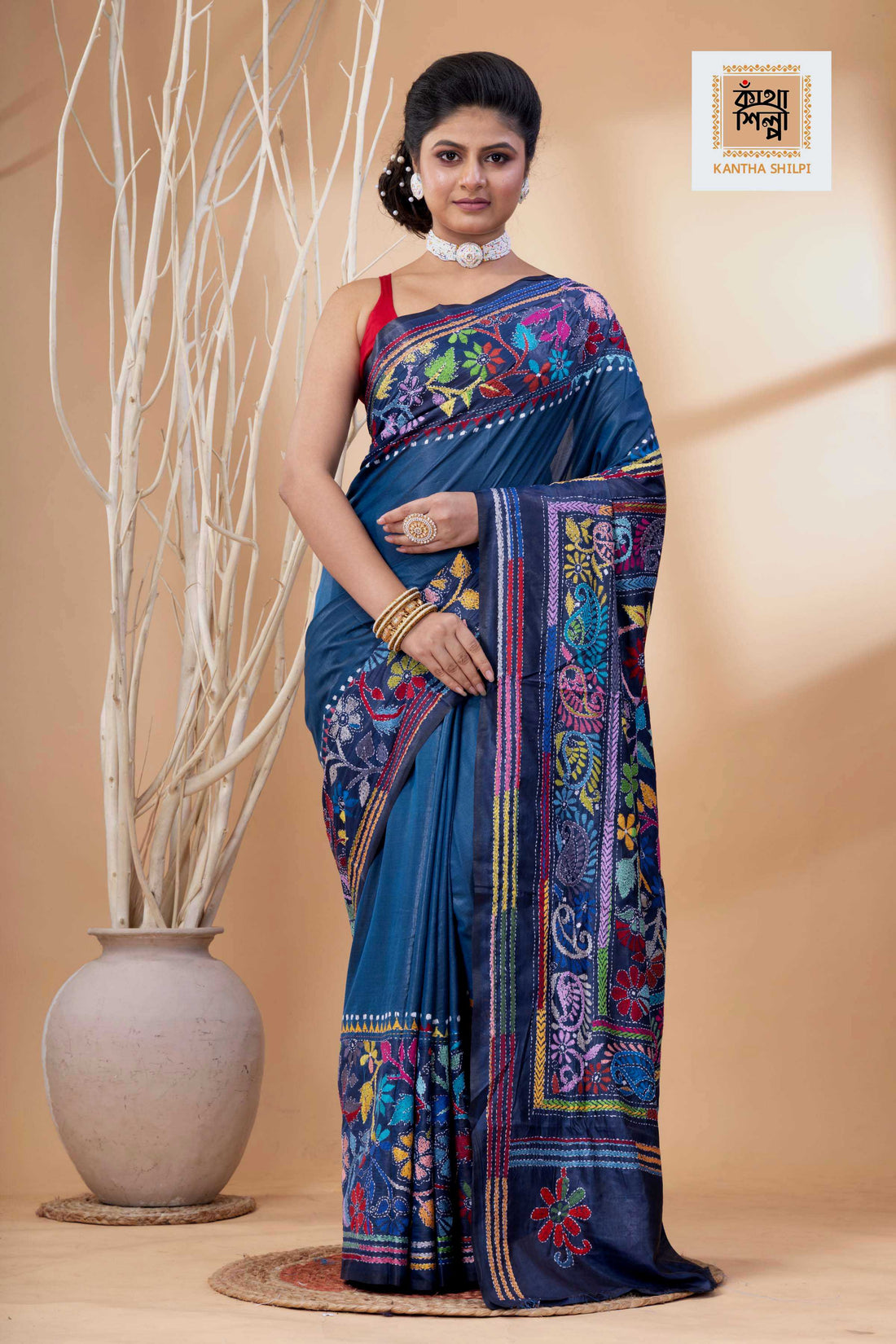 Light Navy Blue Color Bangalore Silk Multicolor Thread Work Kantha Stitch Saree