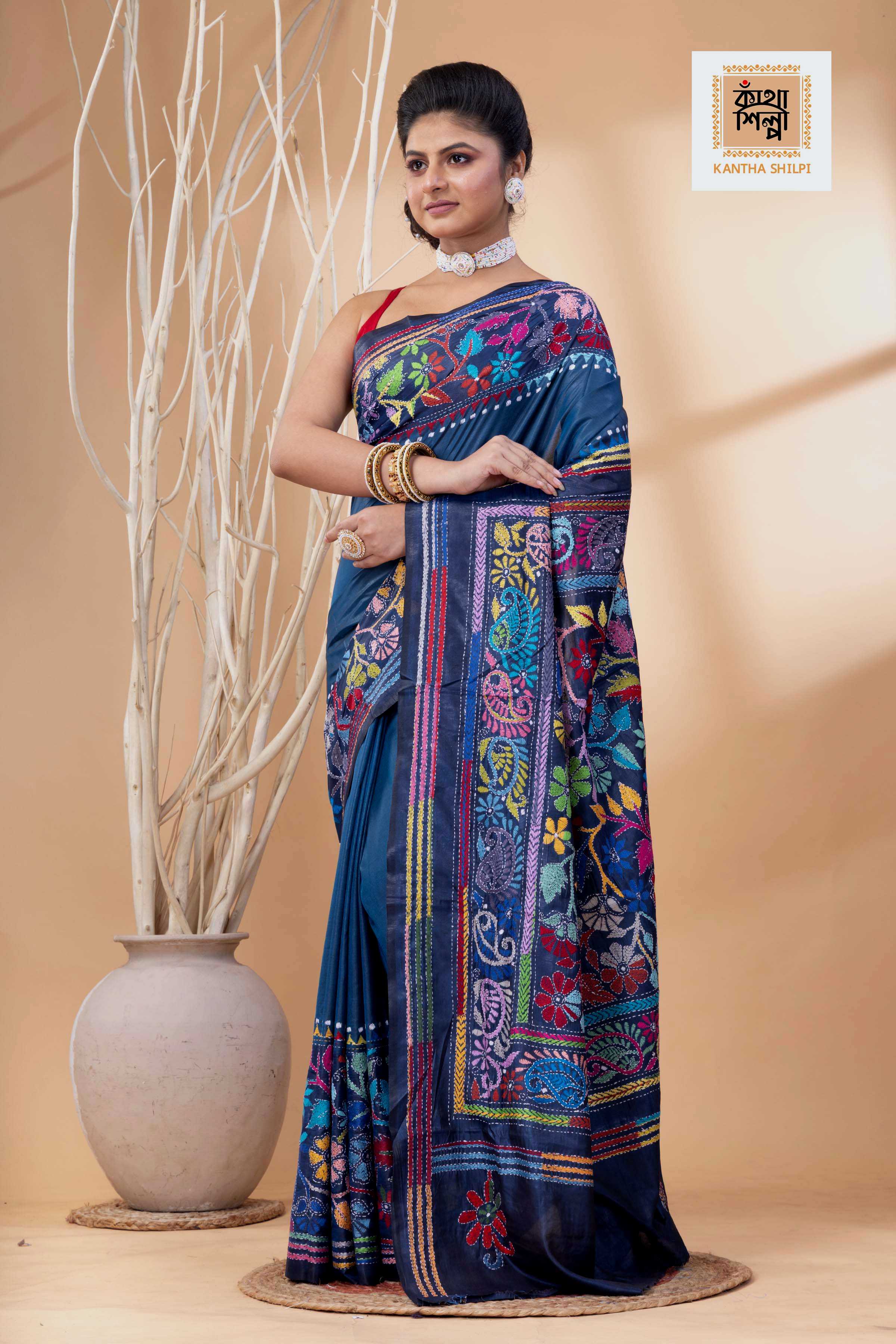 Light Navy Blue Color Bangalore Silk Multicolor Thread Work Kantha Stitch Saree