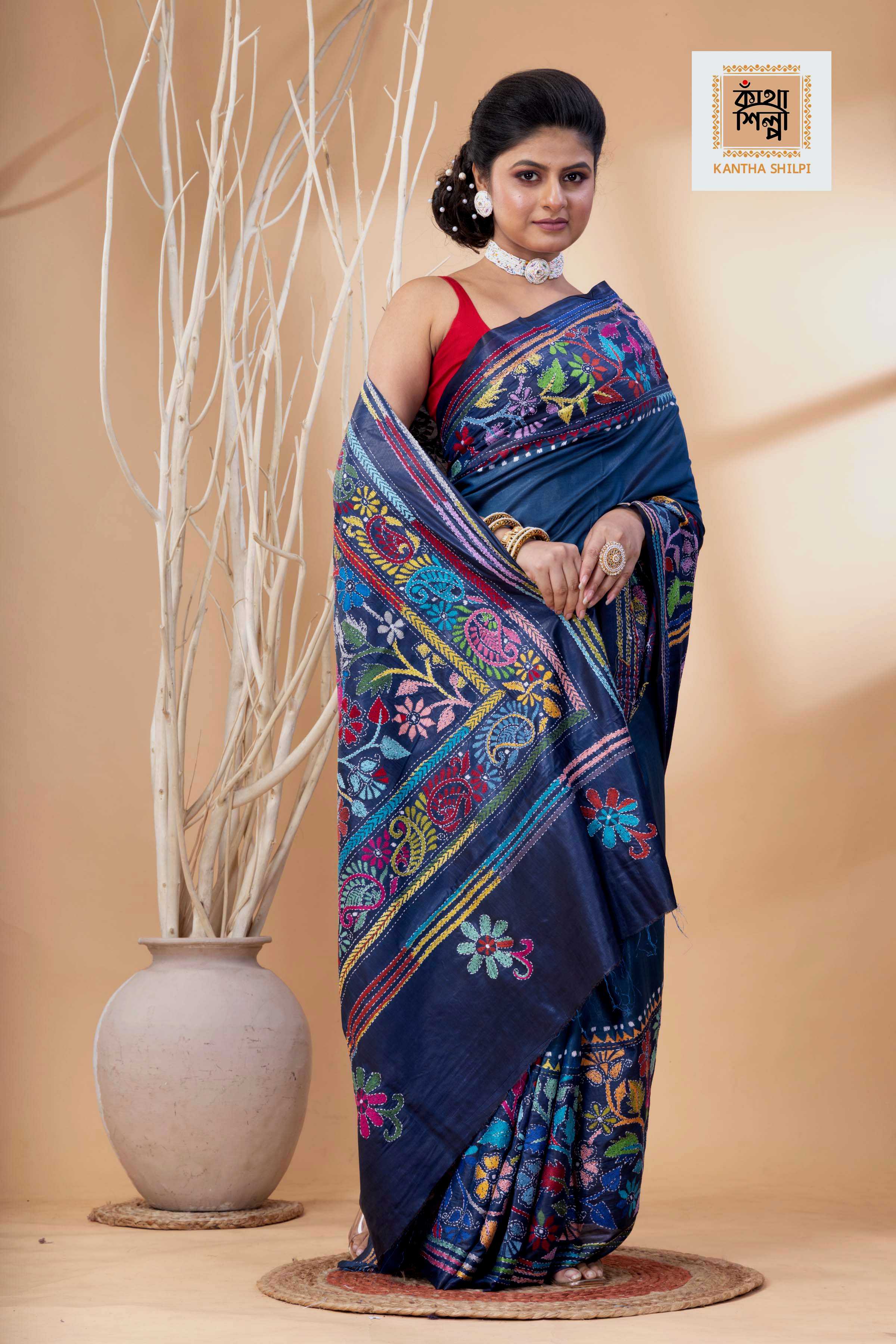 Light Navy Blue Color Bangalore Silk Multicolor Thread Work Kantha Stitch Saree
