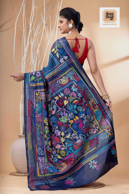 Light Navy Blue Color Bangalore Silk Multicolor Thread Work Kantha Stitch Saree