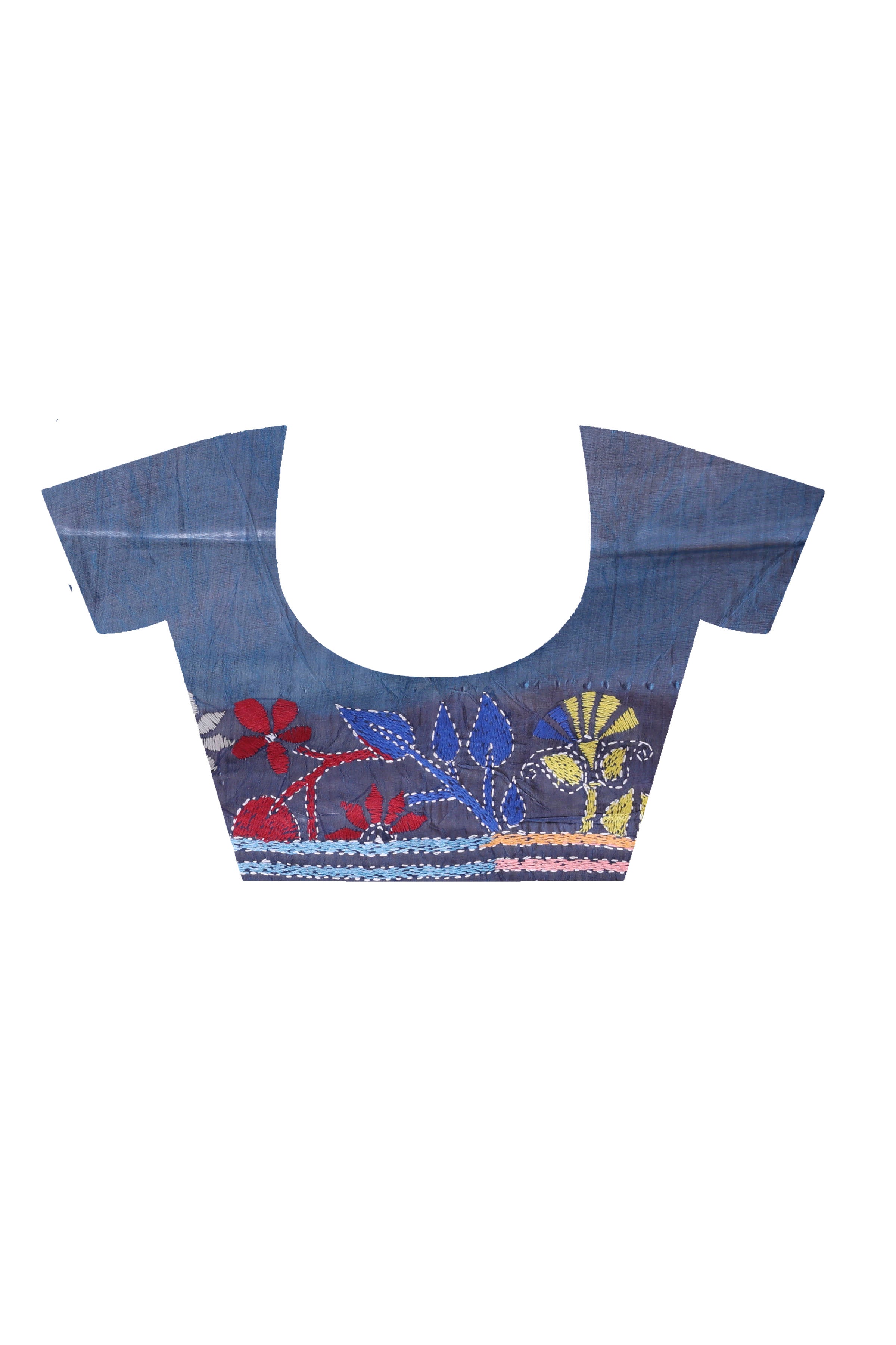 Light Navy Blue Color Bangalore Silk Multicolor Thread Work Kantha Stitch Saree