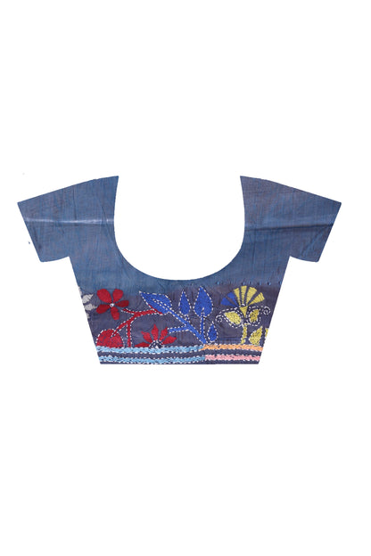 Light Navy Blue Color Bangalore Silk Multicolor Thread Work Kantha Stitch Saree