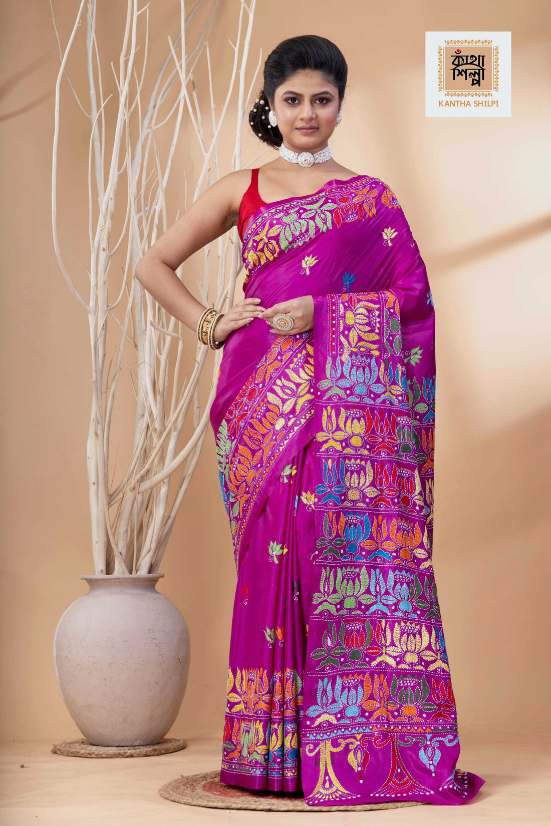 Rani Pink Color Bangalore Silk Multicolor Thread Work Kantha Stitch Saree