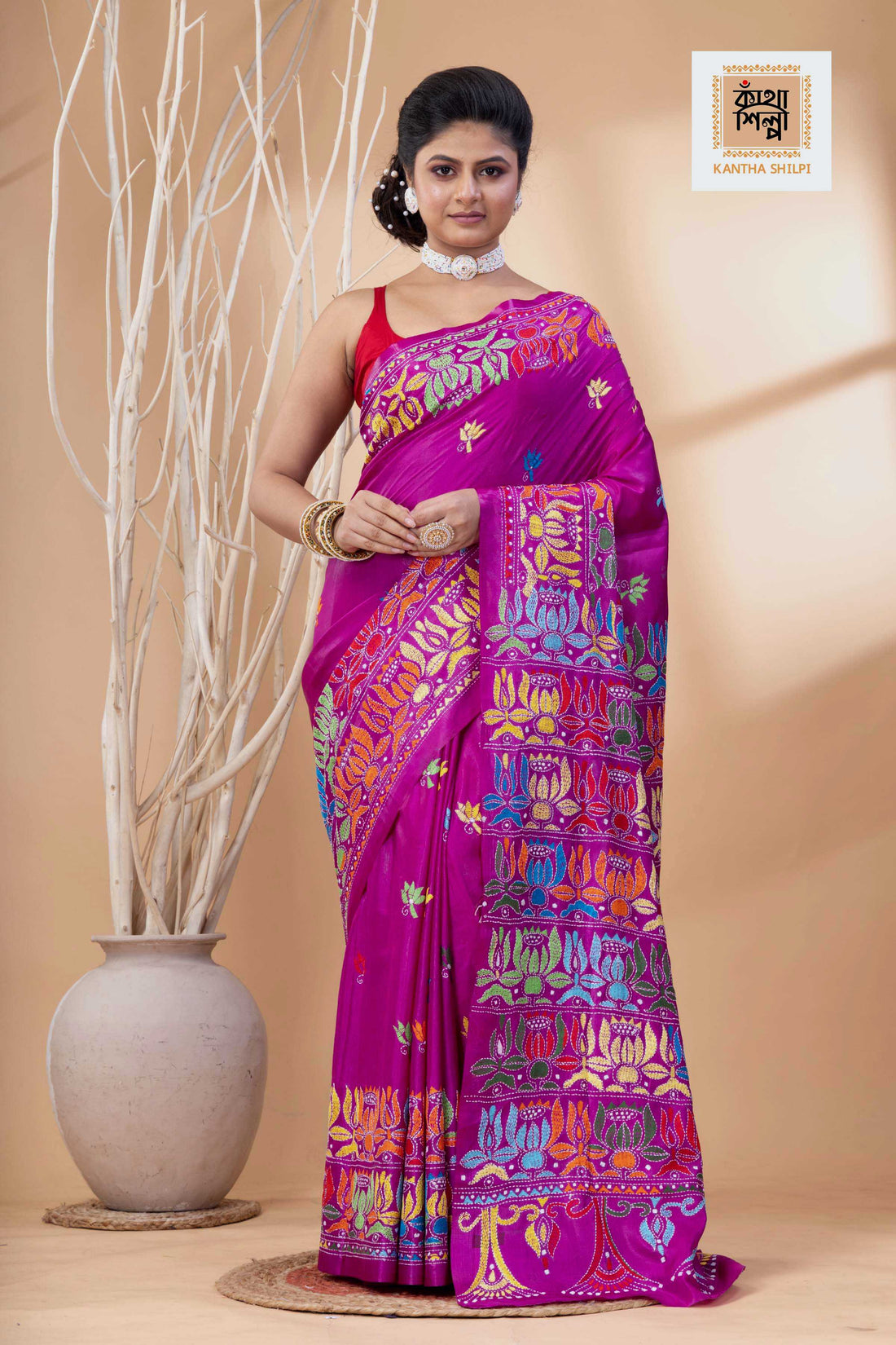 Rani Pink Color Bangalore Silk Multicolor Thread Work Kantha Stitch Saree