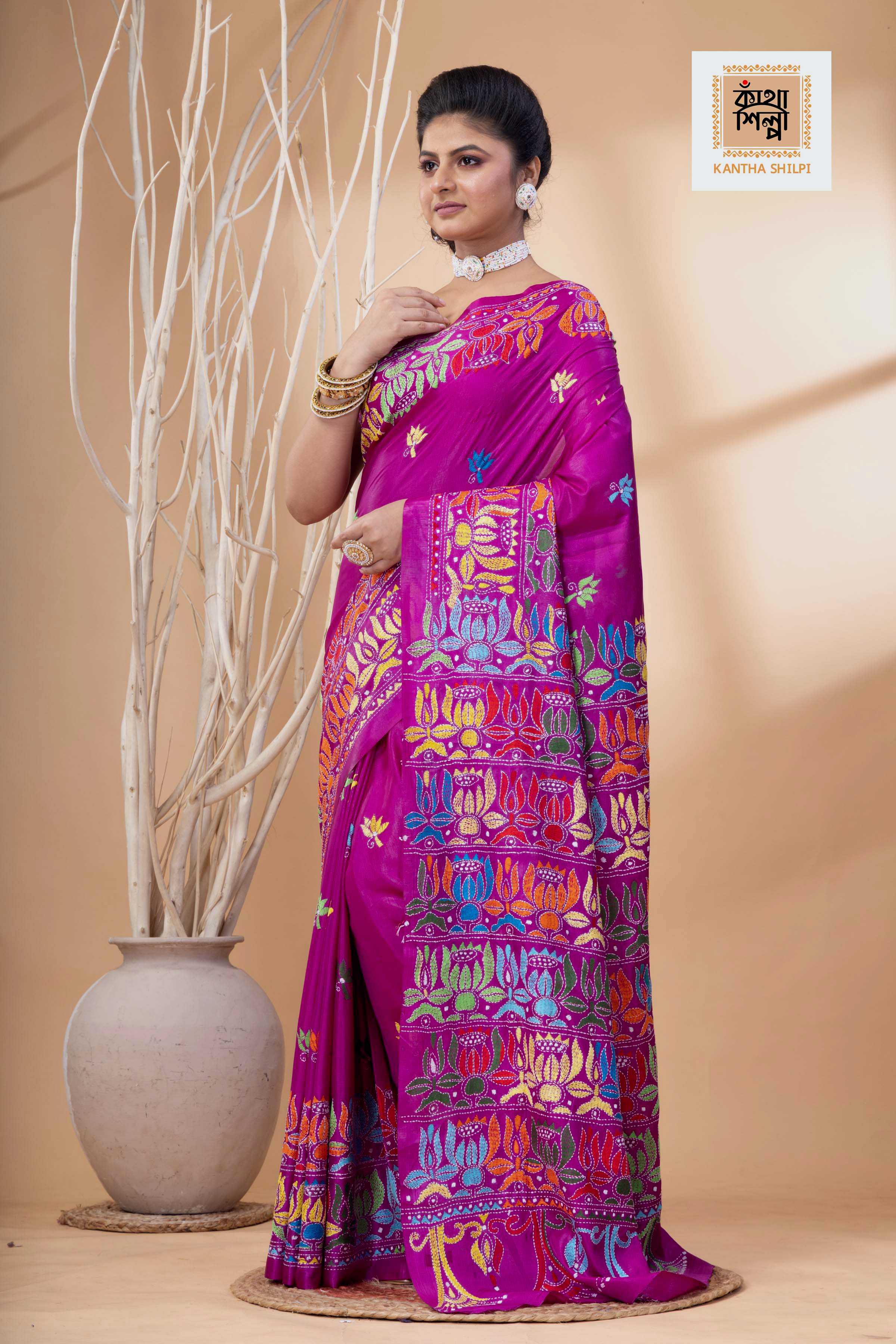 Rani Pink Color Bangalore Silk Multicolor Thread Work Kantha Stitch Saree