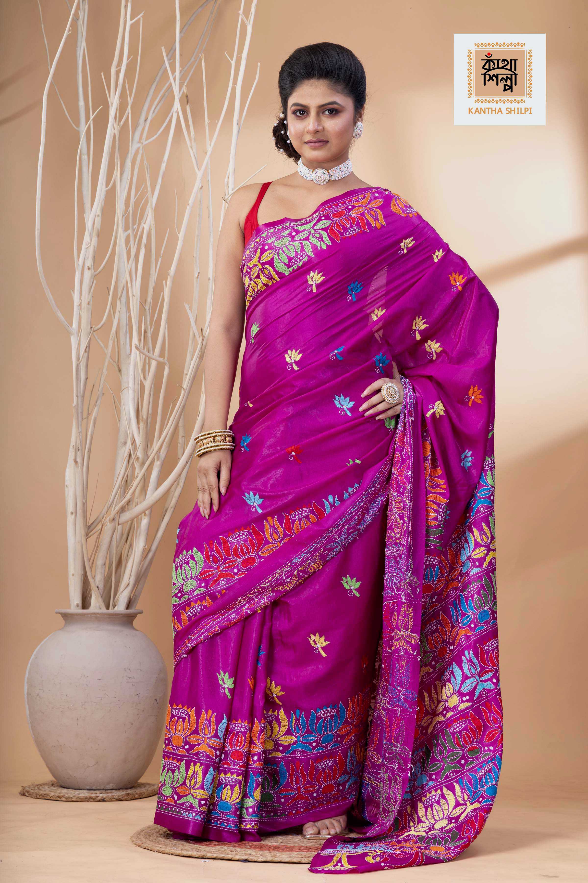 Rani Pink Color Bangalore Silk Multicolor Thread Work Kantha Stitch Saree