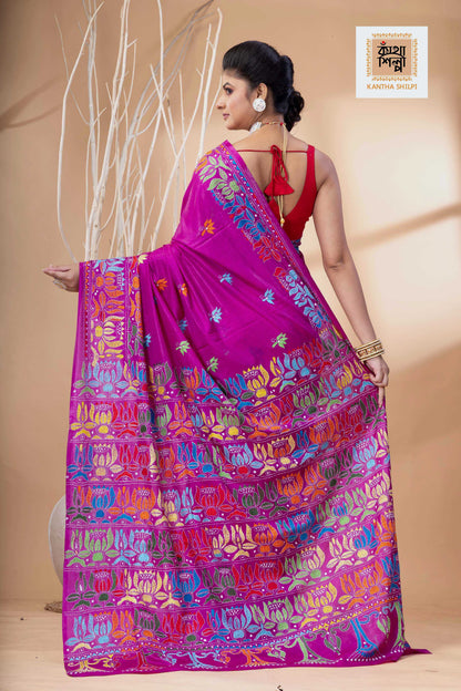 Rani Pink Color Bangalore Silk Multicolor Thread Work Kantha Stitch Saree