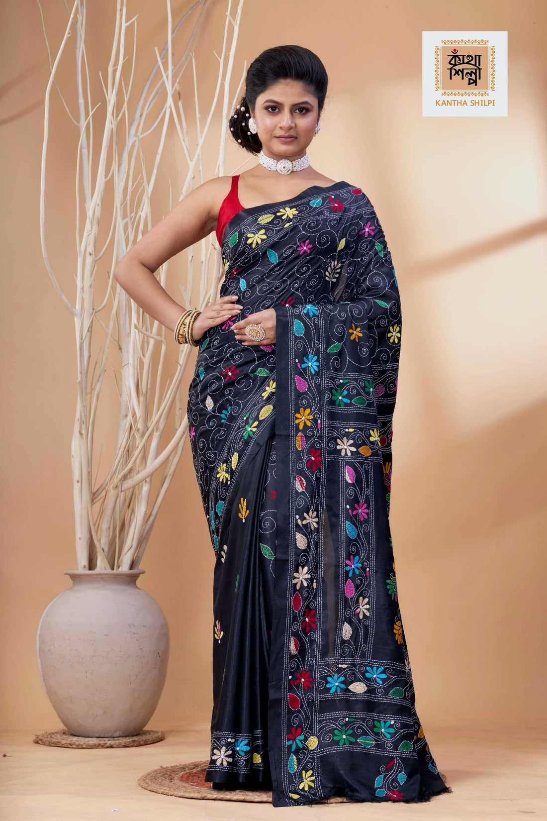 Black Color Bangalore Silk Multicolor Thread Work Kantha Stitch Saree