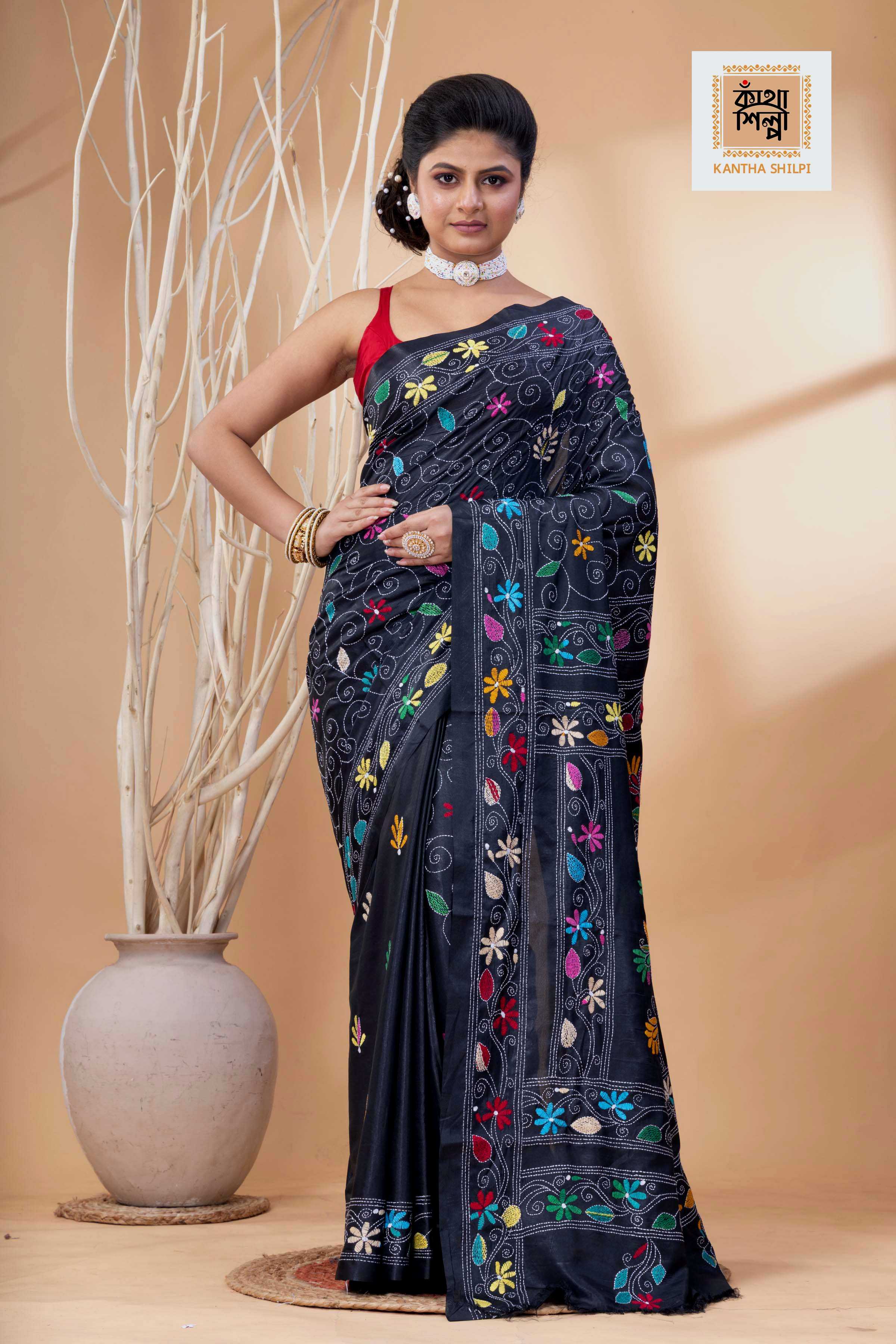 Black Color Bangalore Silk Multicolor Thread Work Kantha Stitch Saree