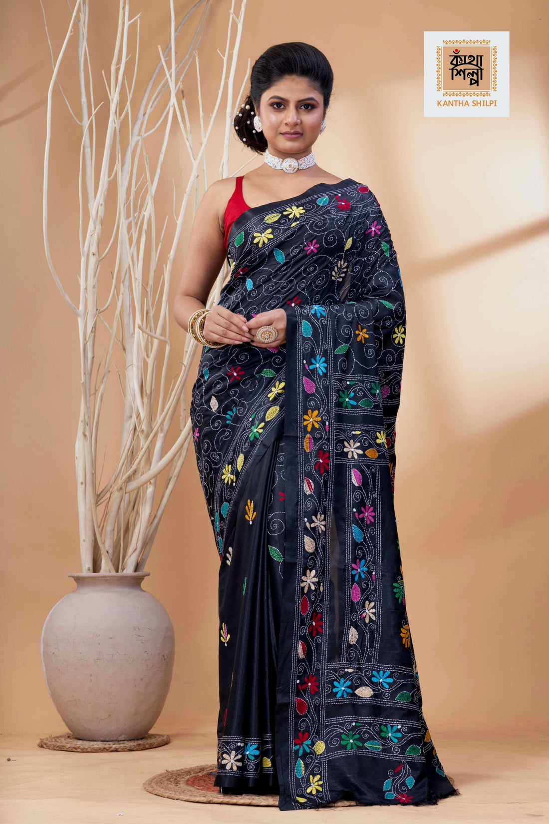 Black Color Bangalore Silk Multicolor Thread Work Kantha Stitch Saree
