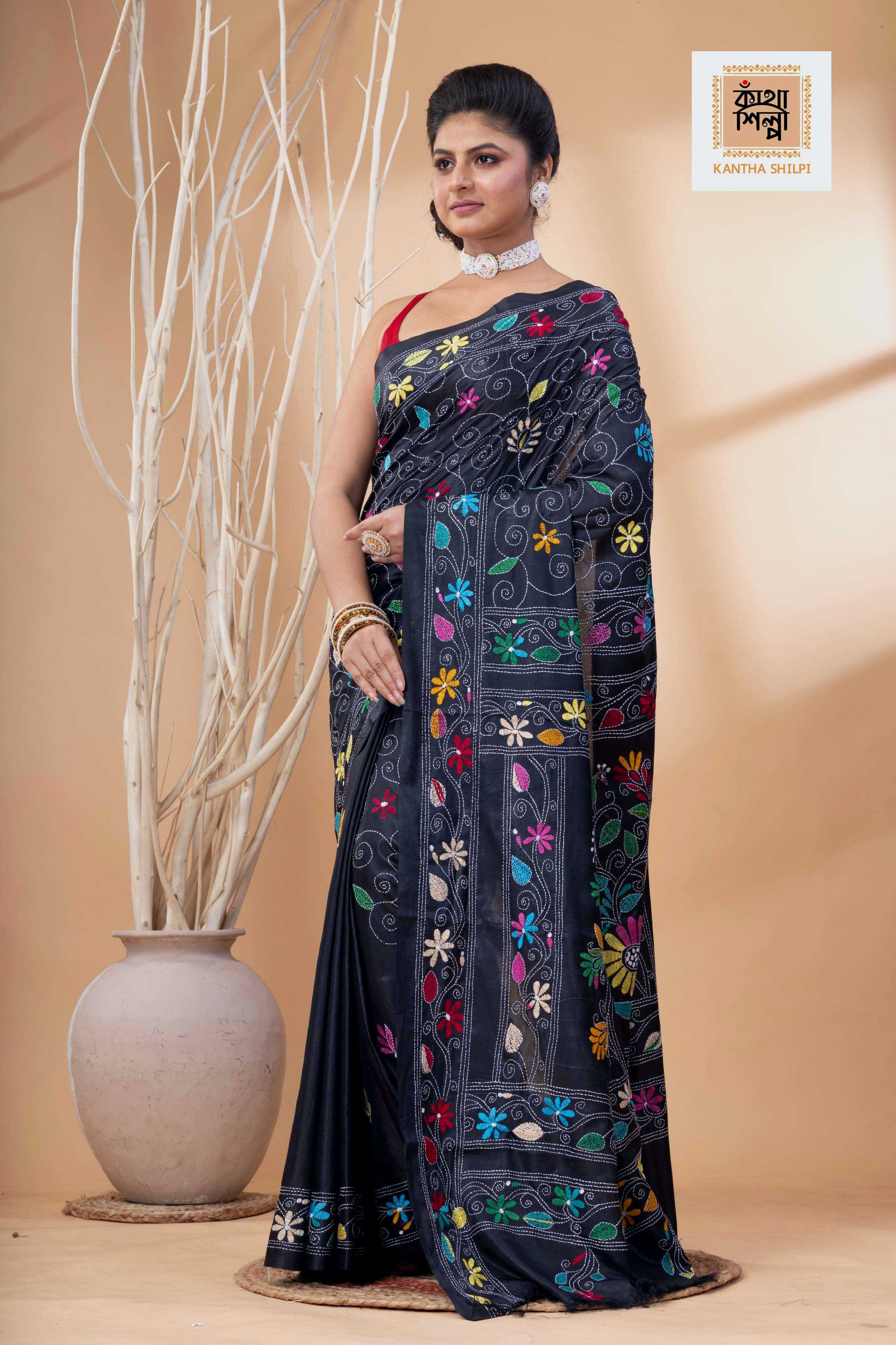 Black Color Bangalore Silk Multicolor Thread Work Kantha Stitch Saree