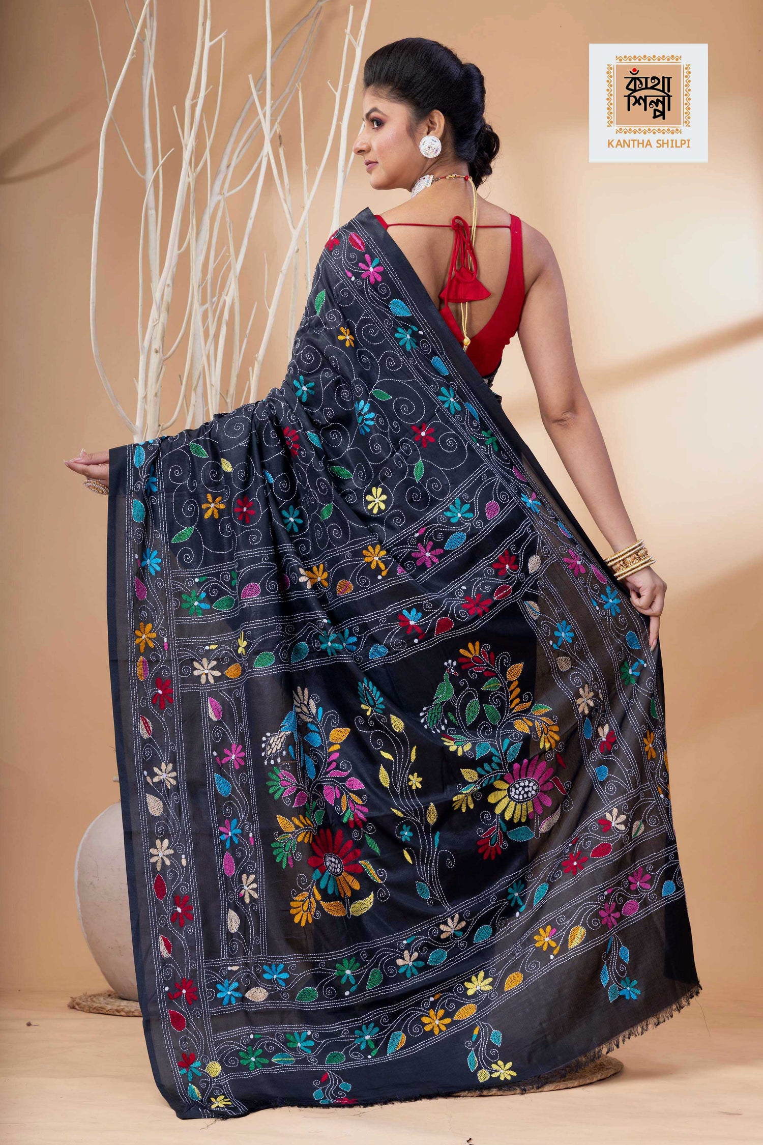 Black Color Bangalore Silk Multicolor Thread Work Kantha Stitch Saree