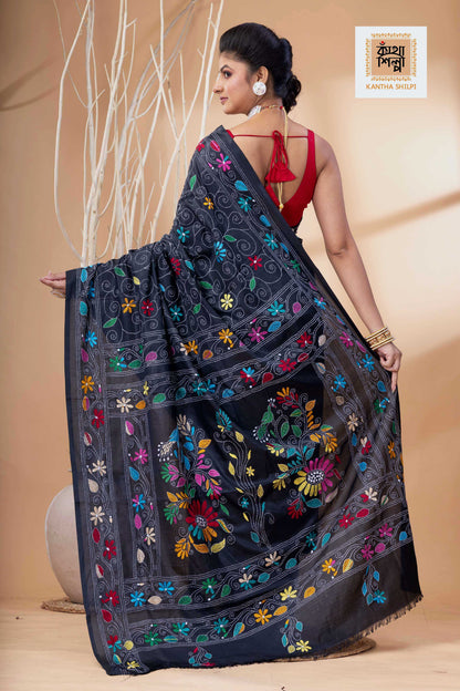 Black Color Bangalore Silk Multicolor Thread Work Kantha Stitch Saree