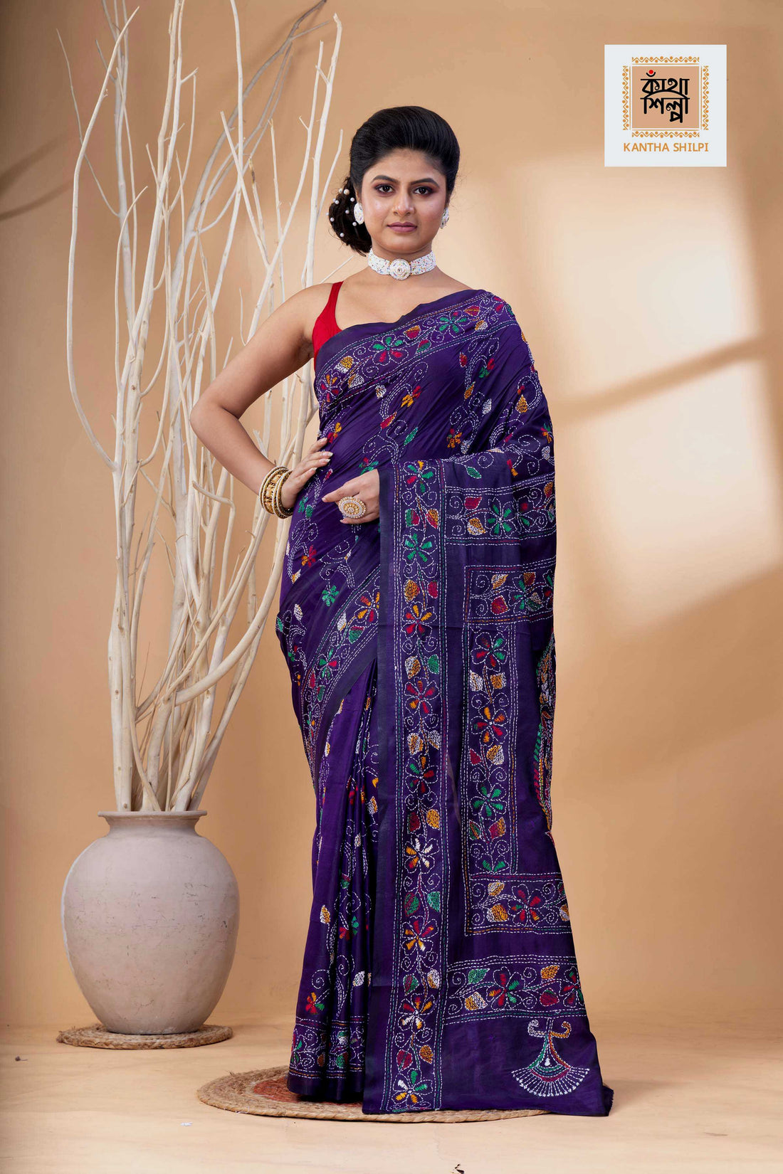 Purple Color Bangalore Silk Multicolor Thread Work Kantha Stitch Saree