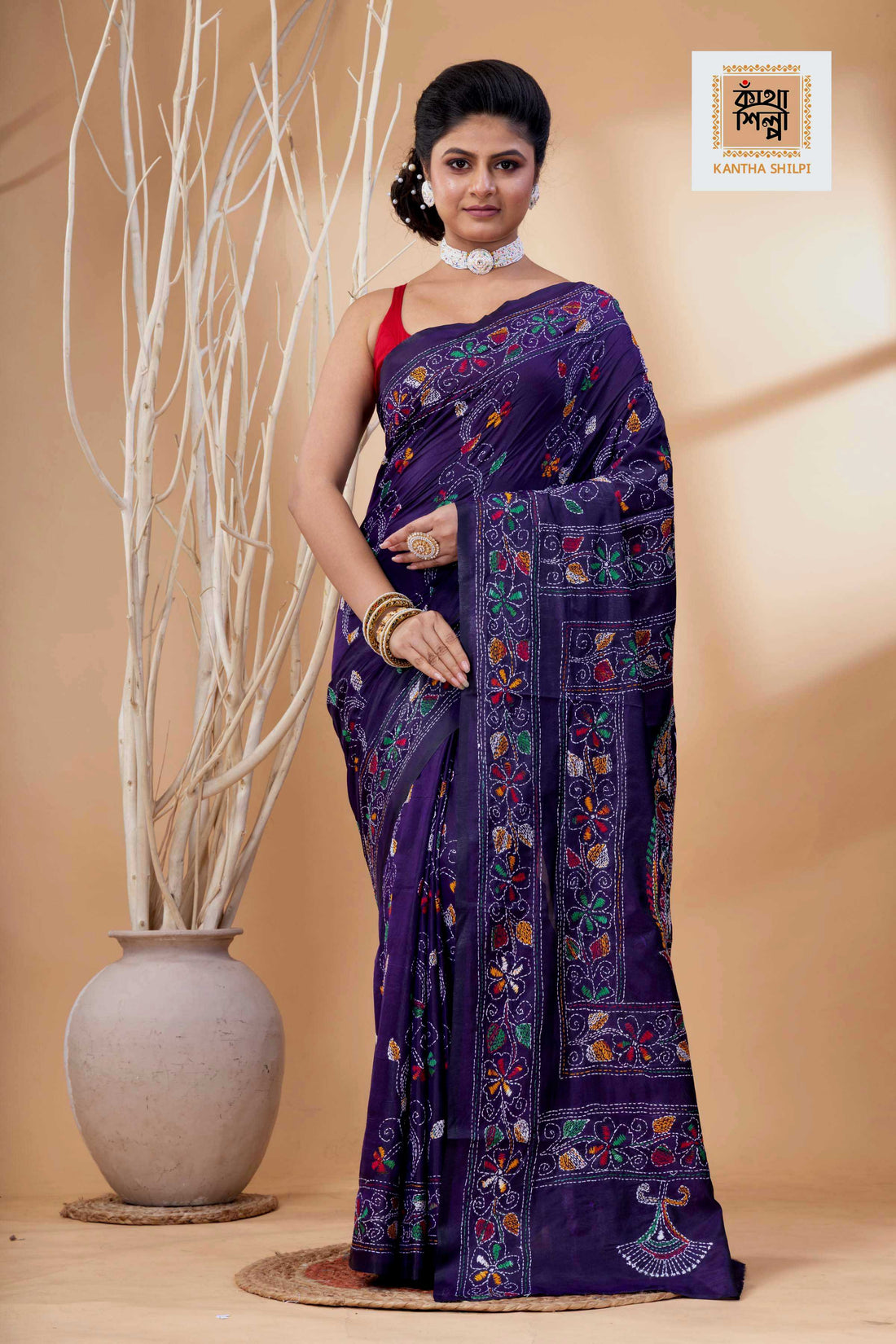 Purple Color Bangalore Silk Multicolor Thread Work Kantha Stitch Saree