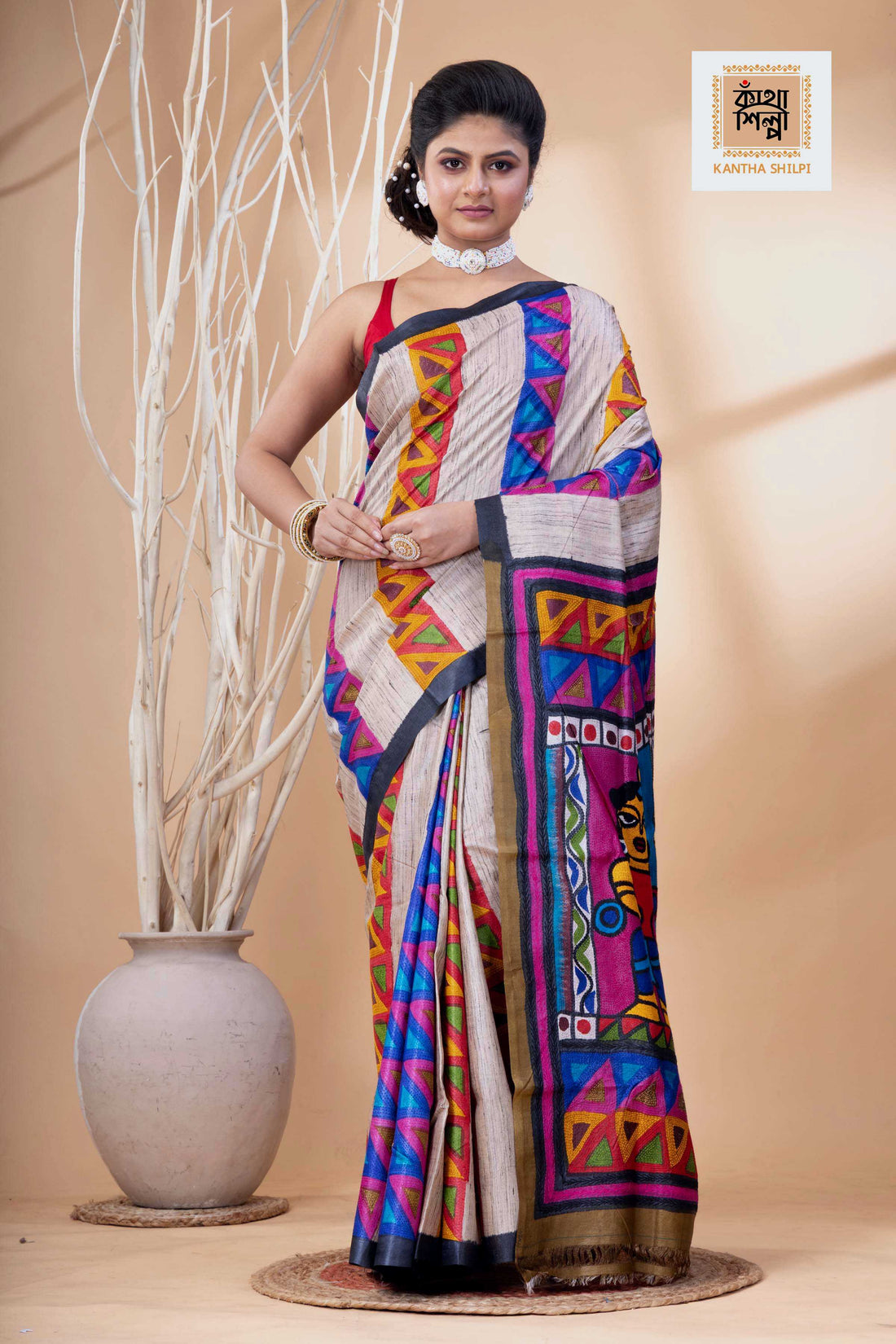 Pure Tussar Jamini Roy Style Hand Painting With Matching Multicolor Threadwork Kantha Stitch Saree