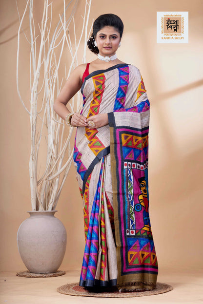 Pure Tussar Jamini Roy Style Hand Painting With Matching Multicolor Threadwork Kantha Stitch Saree