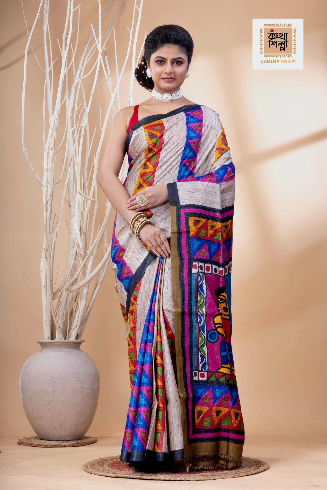 Pure Tussar Jamini Roy Style Hand Painting With Matching Multicolor Threadwork Kantha Stitch Saree