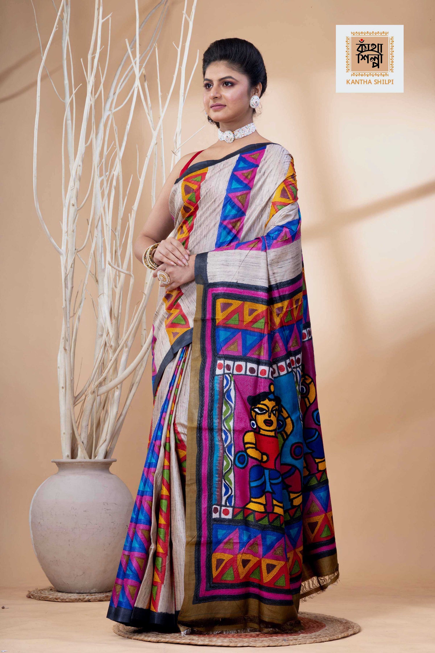 Pure Tussar Jamini Roy Style Hand Painting With Matching Multicolor Threadwork Kantha Stitch Saree
