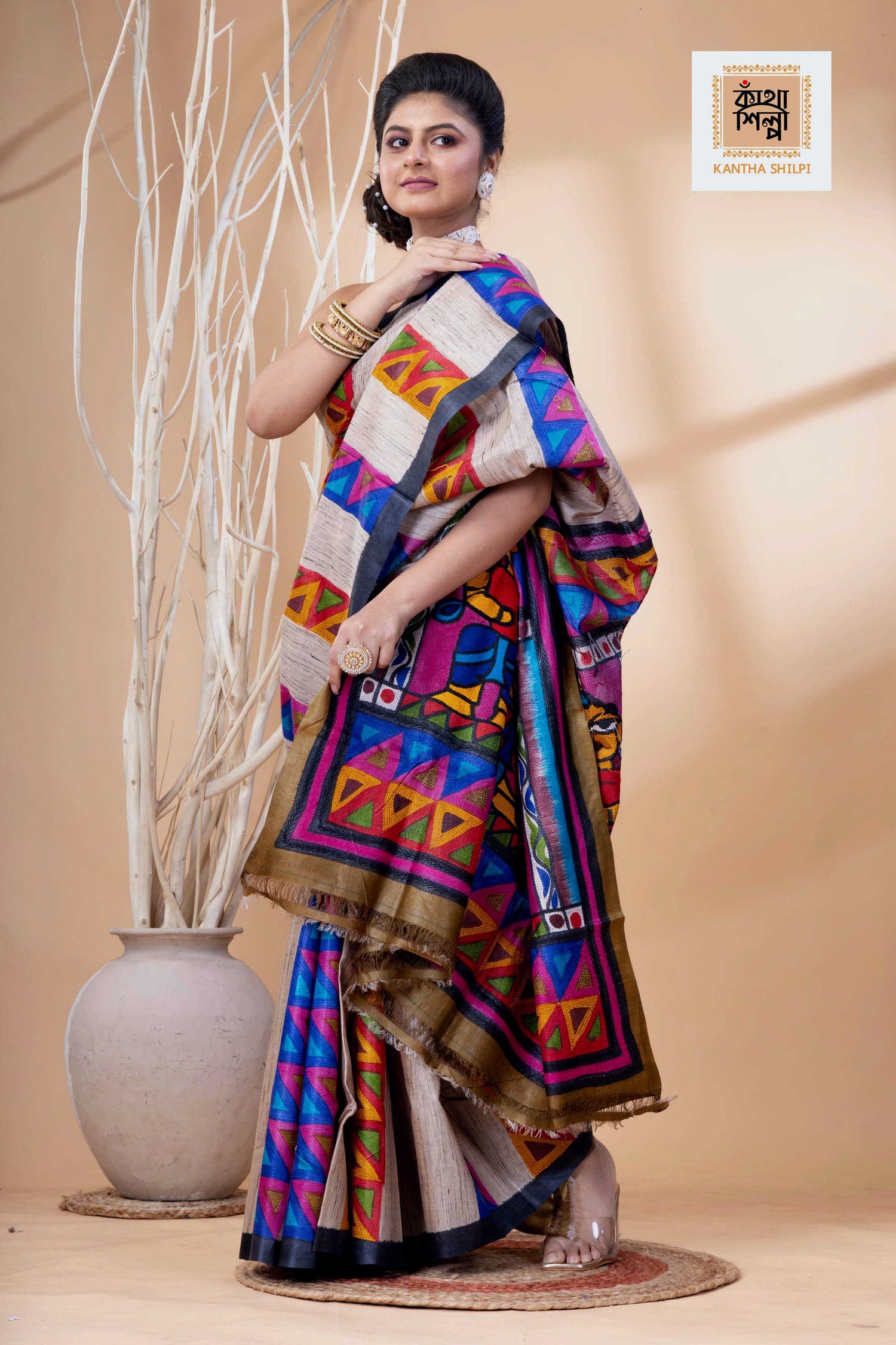 Pure Tussar Jamini Roy Style Hand Painting With Matching Multicolor Threadwork Kantha Stitch Saree