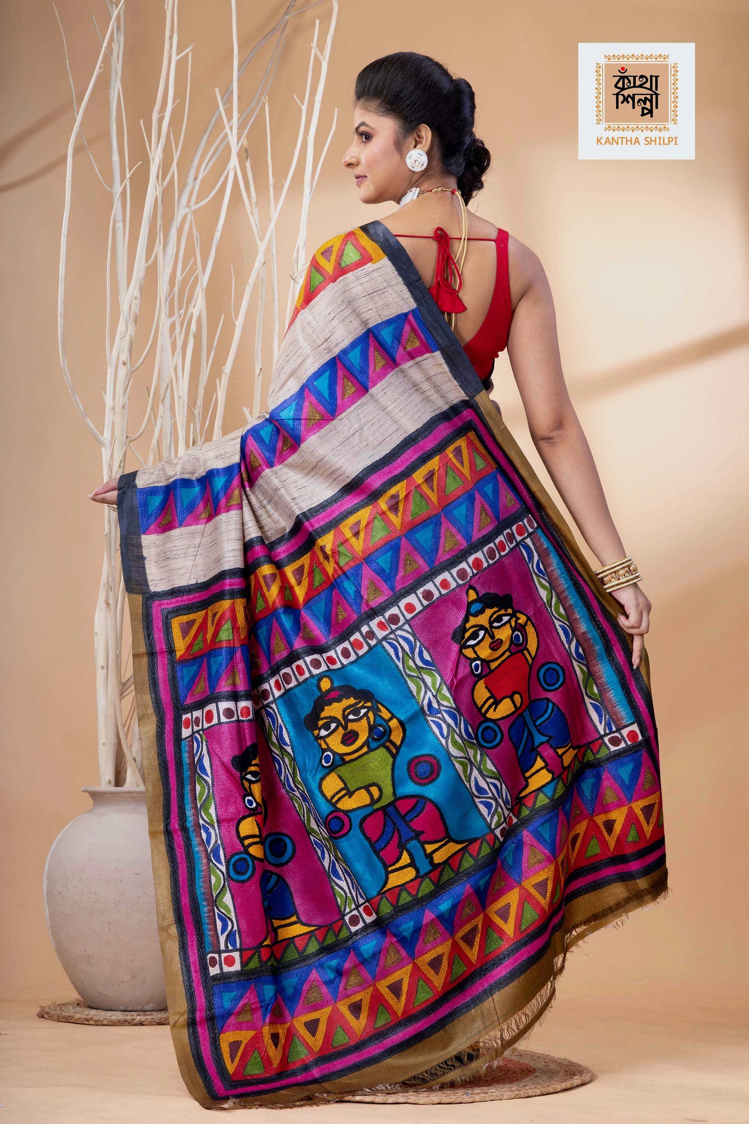 Pure Tussar Jamini Roy Style Hand Painting With Matching Multicolor Threadwork Kantha Stitch Saree