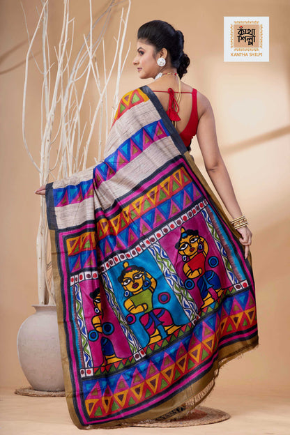 Pure Tussar Jamini Roy Style Hand Painting With Matching Multicolor Threadwork Kantha Stitch Saree