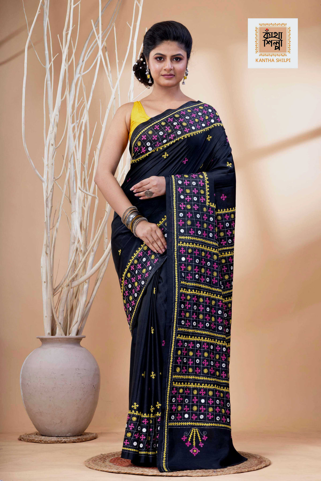 Black Bangalore Silk Yellow-Pink Thread Work Gujrati Stitch Saree