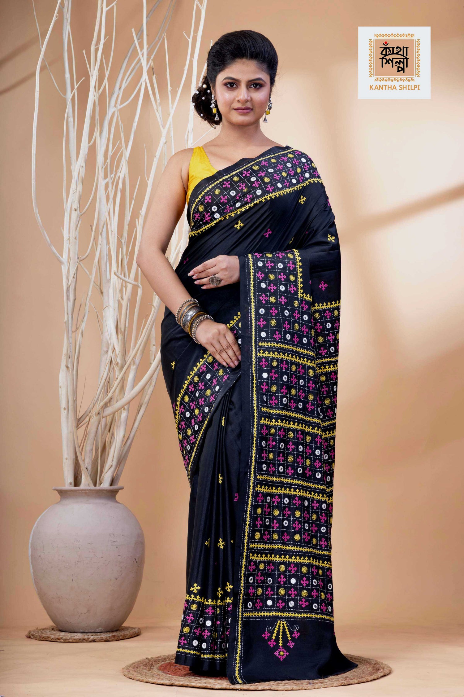 Black Bangalore Silk Yellow-Pink Thread Work Gujrati Stitch Saree